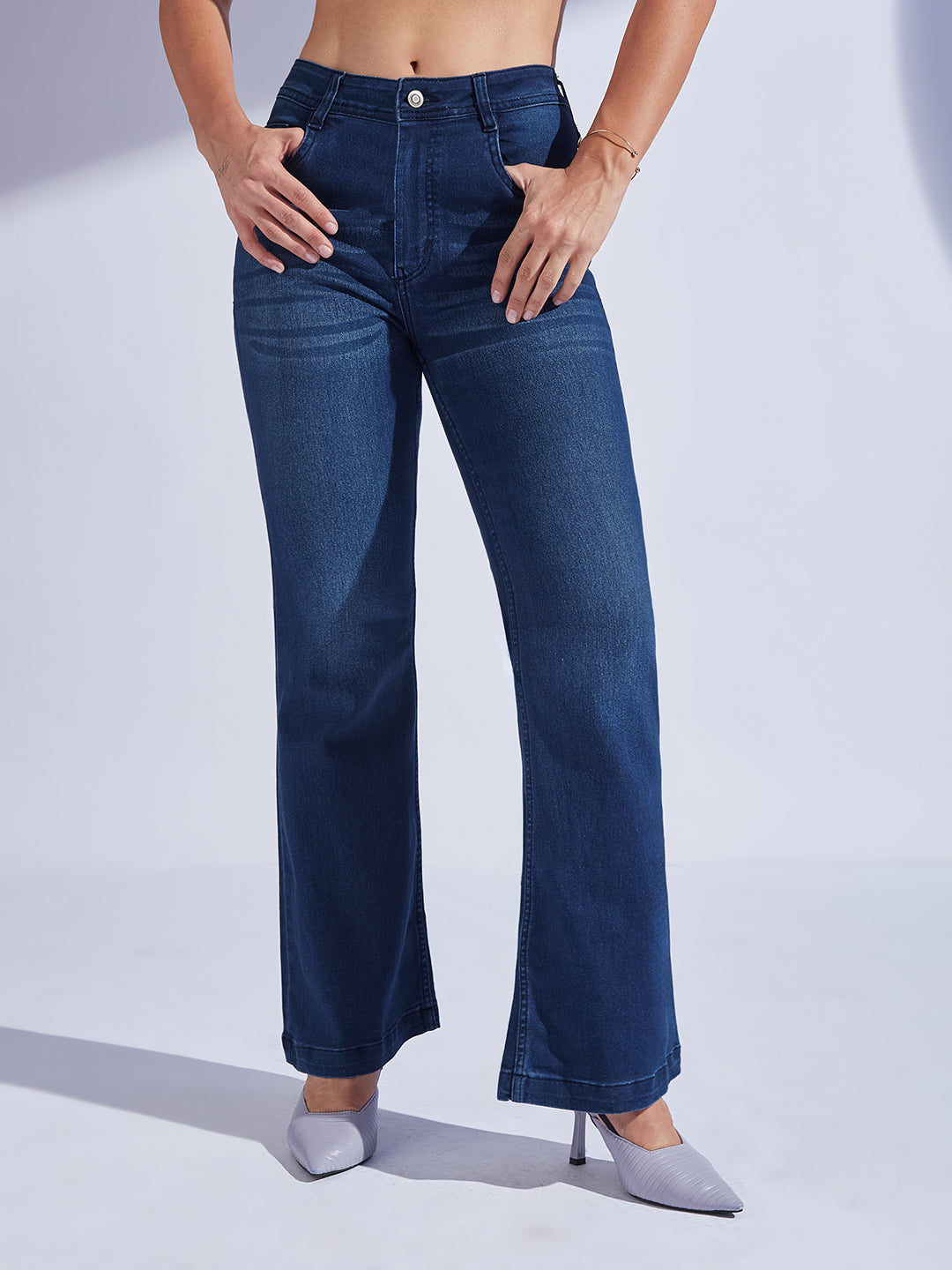 24/7 Comfort Navy Blue High-Rise Clean-Look Regular-Length Stretchable Bootcut Denim Jeans