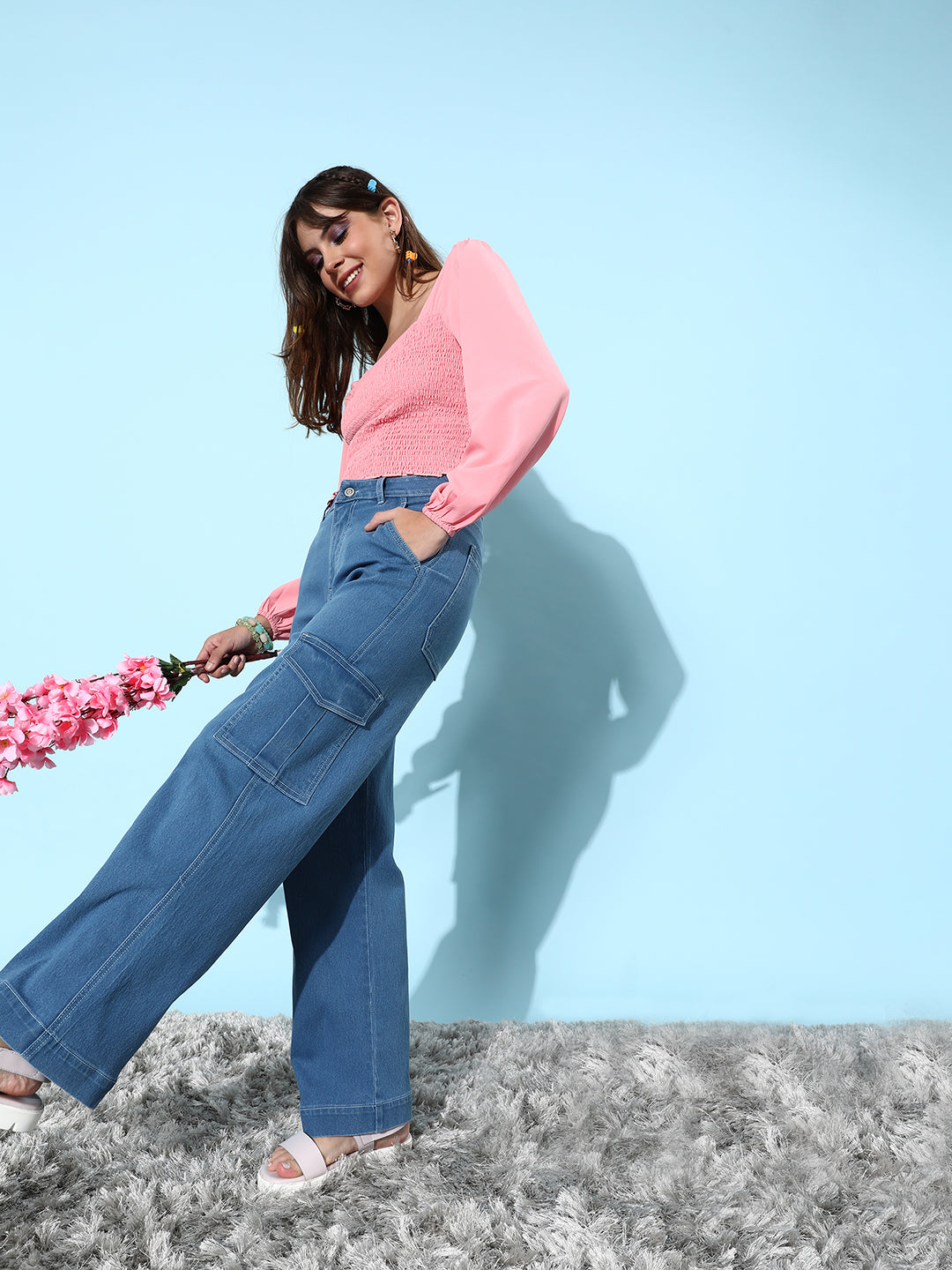 24/7 Comfort Blue Wide-Leg Cargo High-Rise Clean-Look Regular Stretchable Denim Jeans