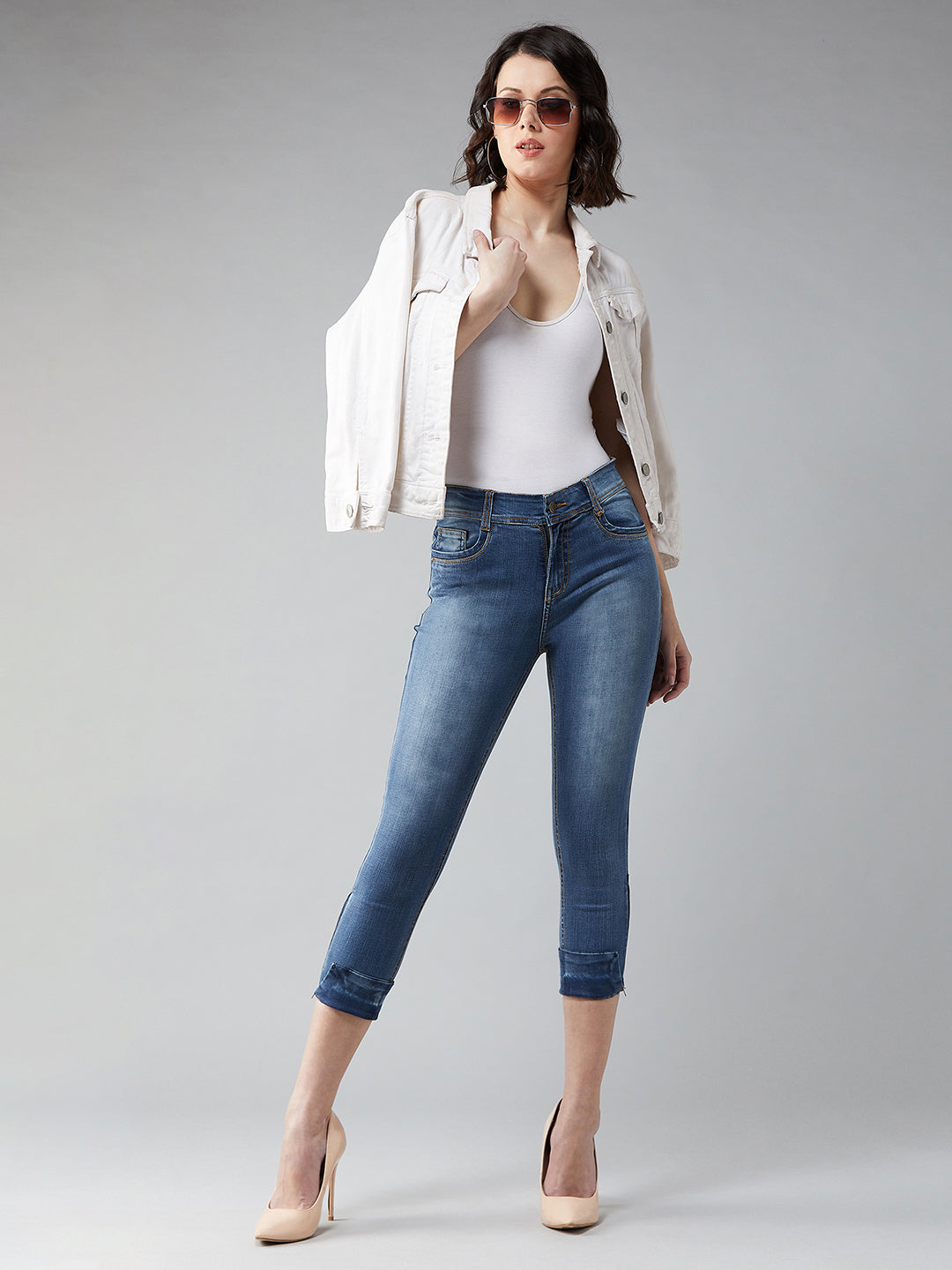 24/7 Comfort Mid-Blue Skinny Fit High Rise Ankle Length Acid Wash Blast Effect Denim Stretchable Jeans