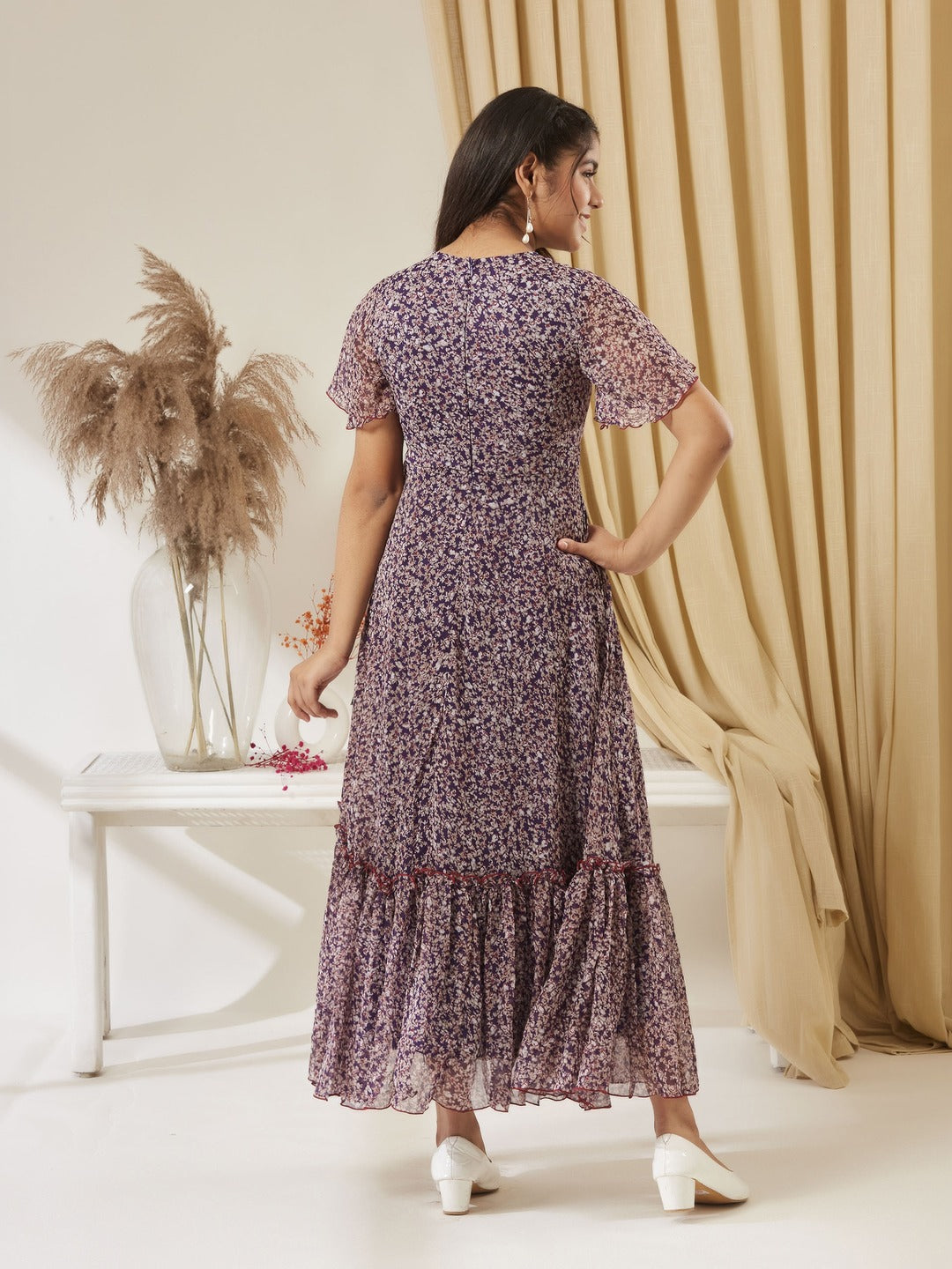 Purple V Neck Flared Sleeve Floral Wrap Chiffon Maxi Dress for Girls/Teenagers