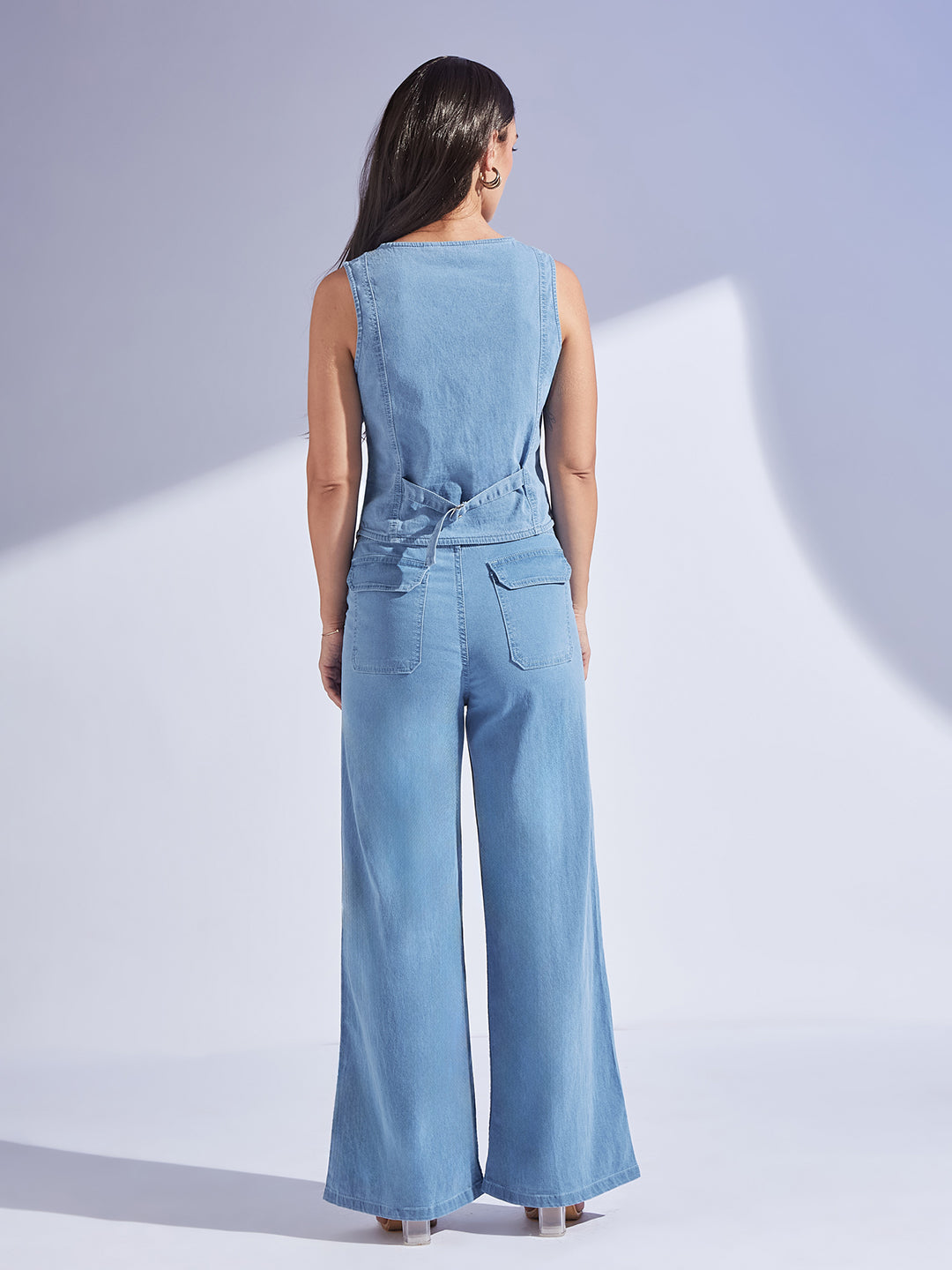 Women's Dark-Blue Flared High-Rise Stretchable Denim Maxi Skirt