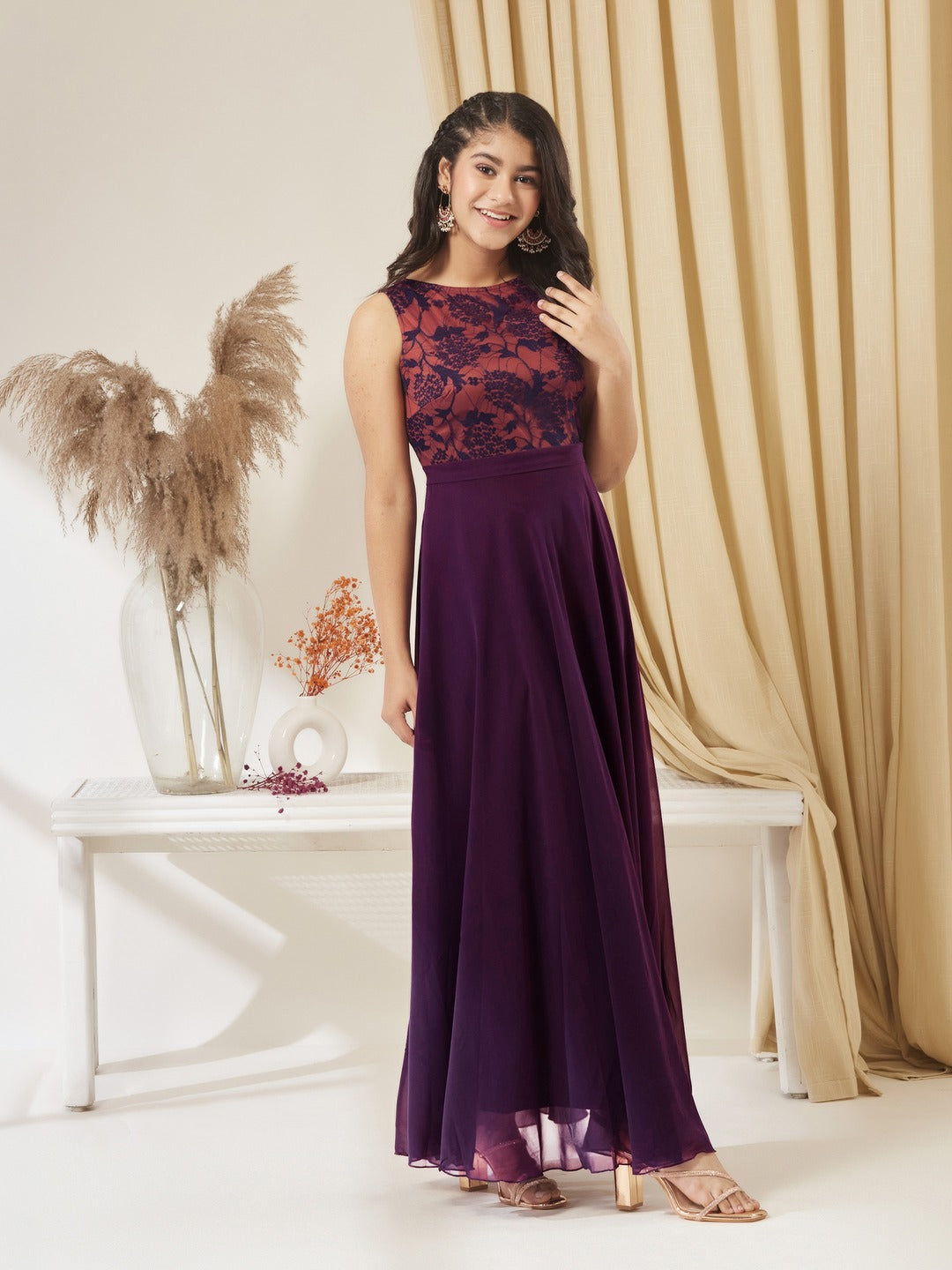 Dark Purple Round Neck Sleeveless Georgette & Lace Floral Fit & Flare Maxi Dress for Girls/Teenagers