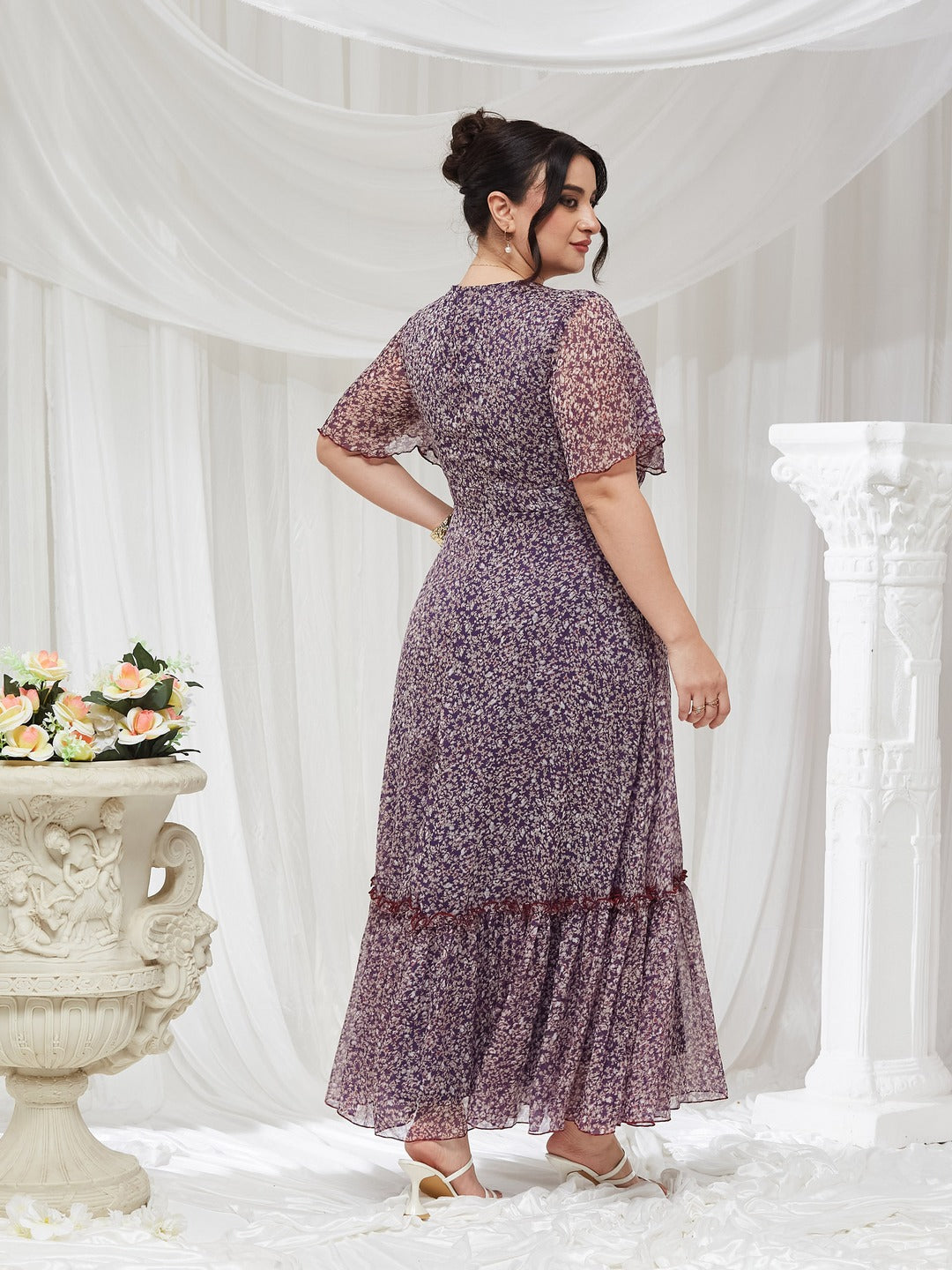Purple V Neck Flared Sleeve Floral Wrap Chiffon Maxi Dress for Women