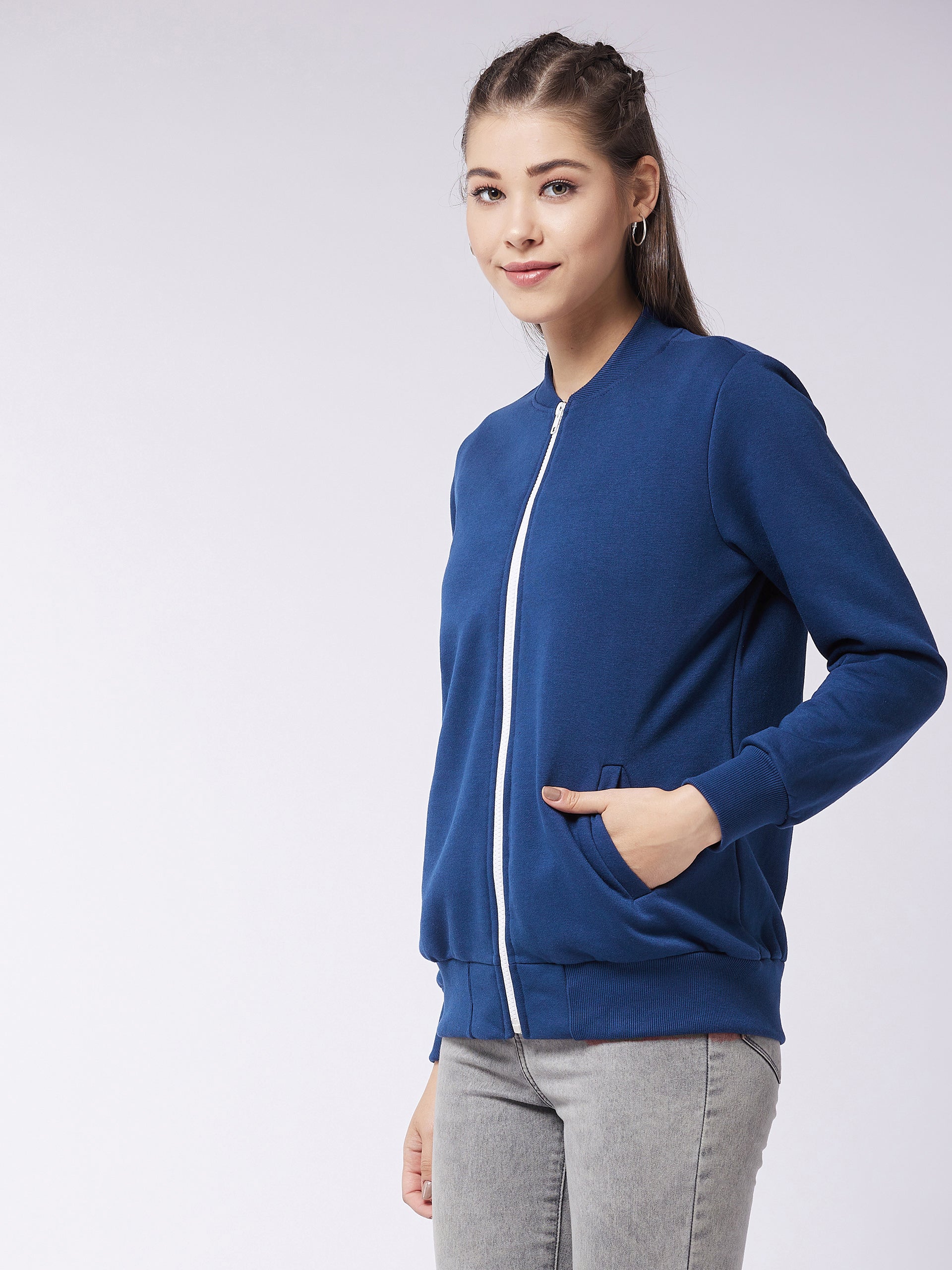 Women's Navy-Blue Round Neck Full Sleeve Solid Bomber Regular Jacket
