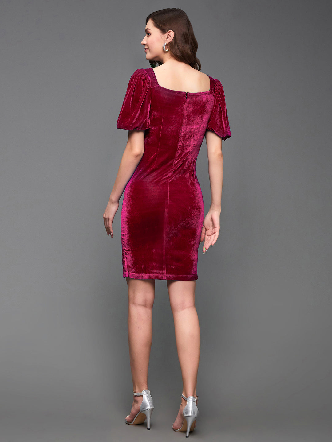Fuchsia Pink Sweetheart Neck Half-Sleeve Solid Bodycon Knee-Long Velvet Dress for Women
