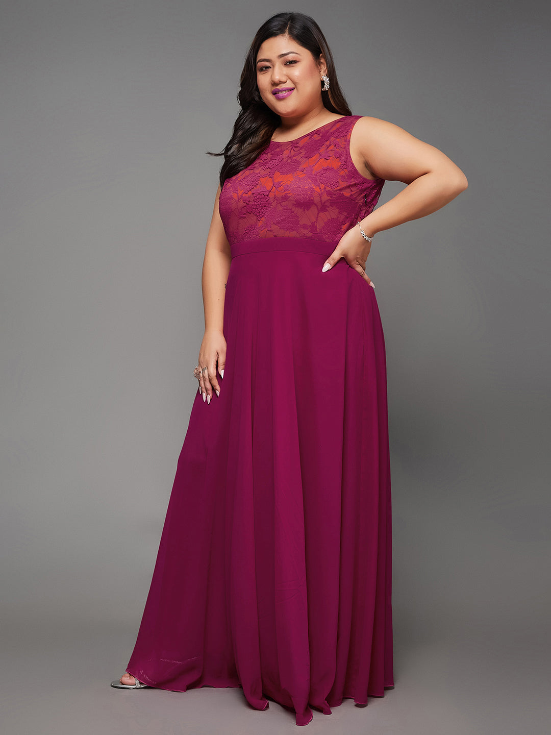 Dark Pink & Rust Sleeveless Fit and Flare Lace Dress for Women | Mehendi to Sangeet Collection