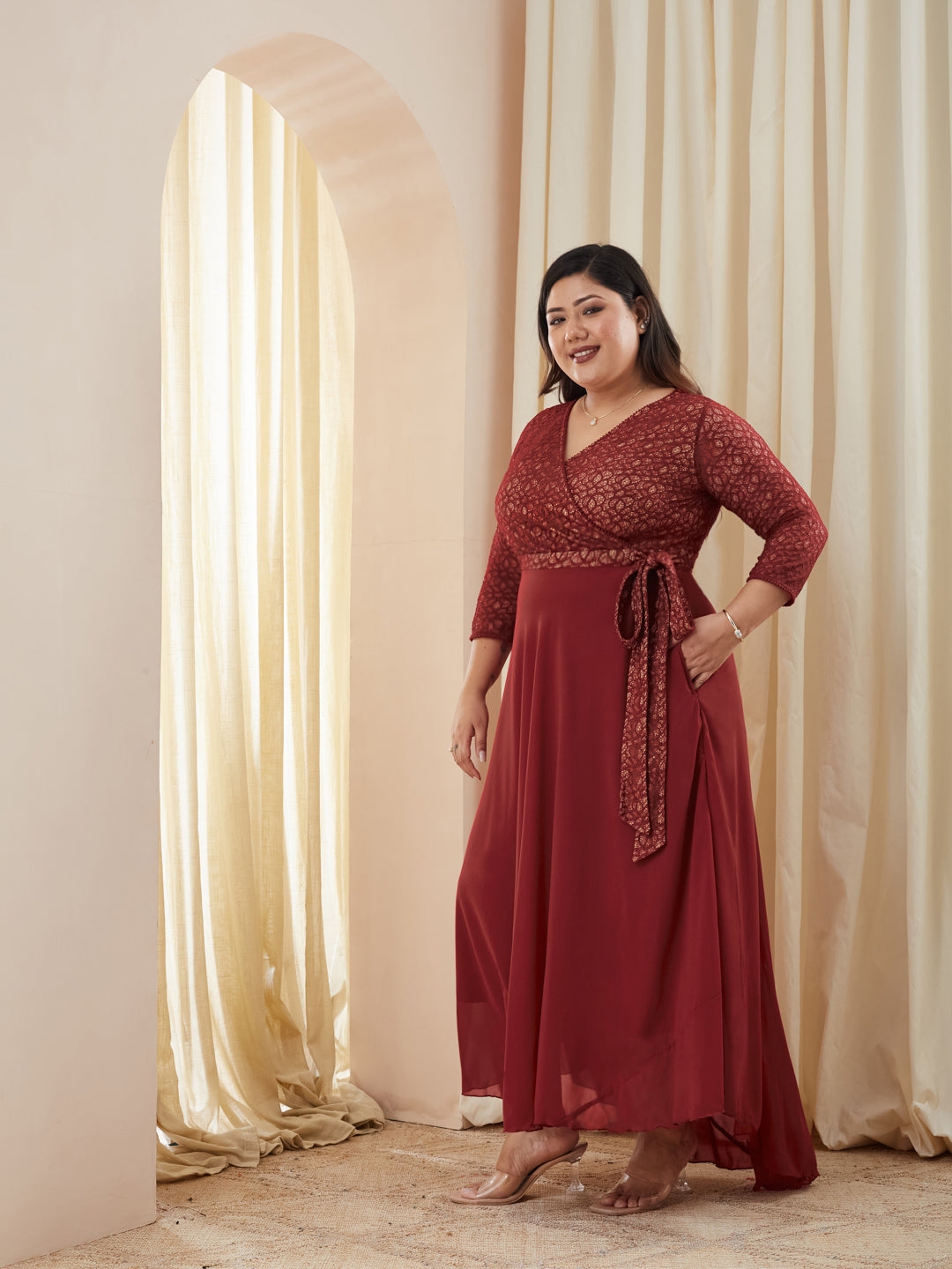 Maroon Relaxed Fit V-Neck 3/4Th Sleeve Georgette Maxi Dress for Women