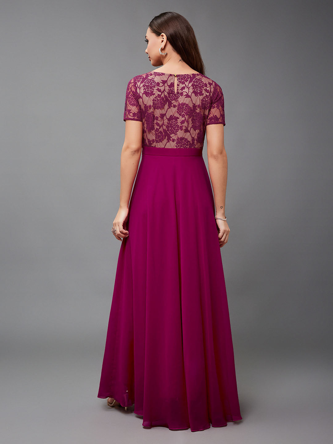 Women's Dark Pink Round Neck Half Sleeve Self-Designed Fit & Flare Georgette Maxi Dress