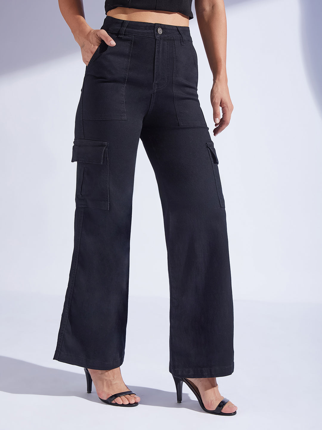 Women's Black Wide-Leg High-Rise Stretchable Denim Jeans
