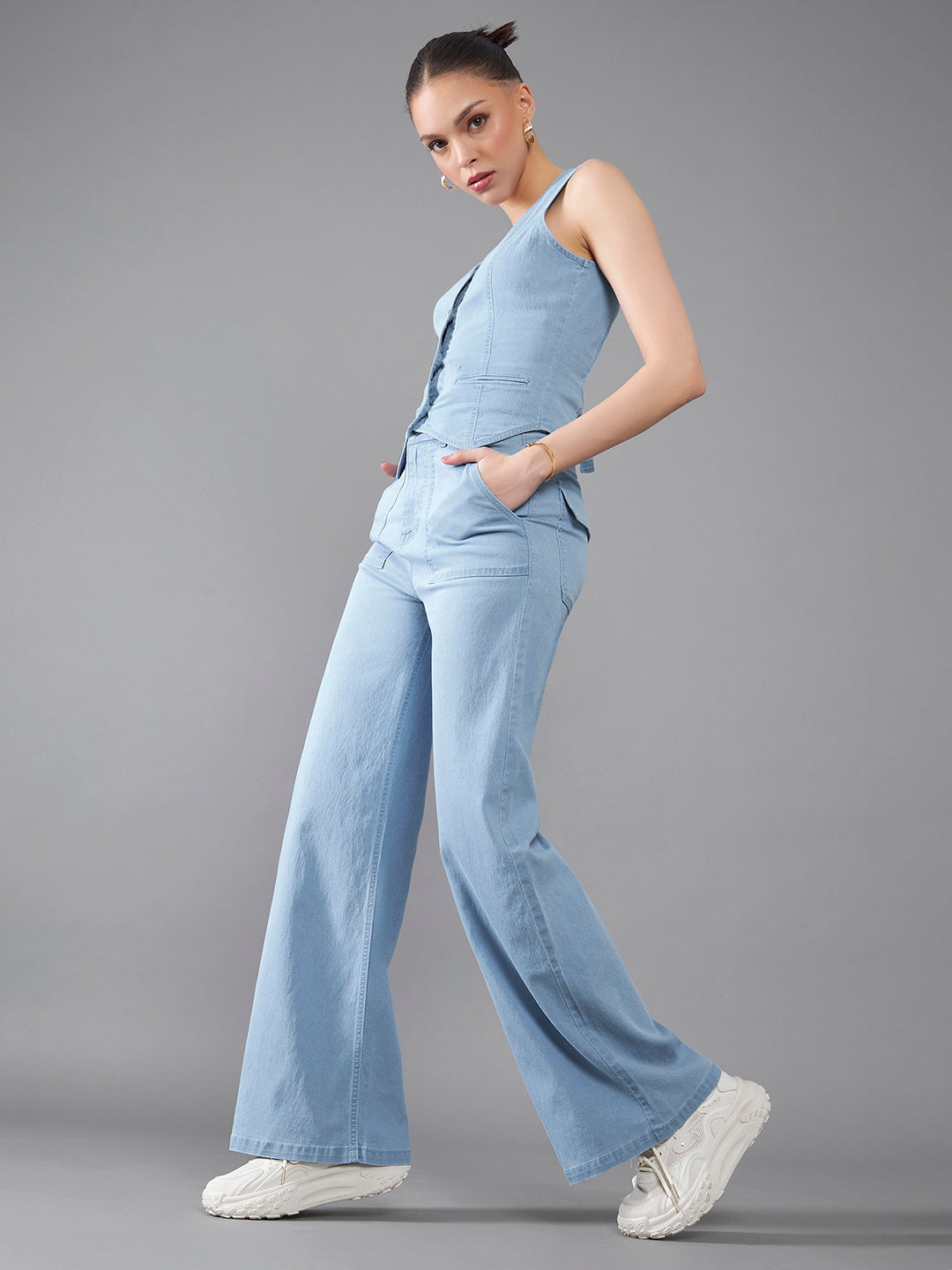 Women's Light Blue Wide-Leg High-Rise Clean-Look Stretchable Light-weight Denim Co-Ord Set