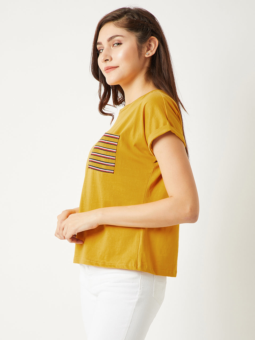 Women's Mustard Yellow Round Neck Continuous Short Sleeve Cotton Solid Twill Pocket T-Shirt