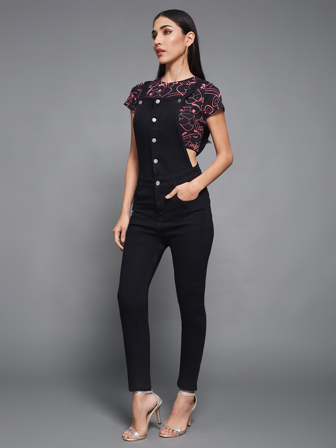 Women's Black Skinny High-Rise Clean-Look Regular Stretchable Denim Dungaree