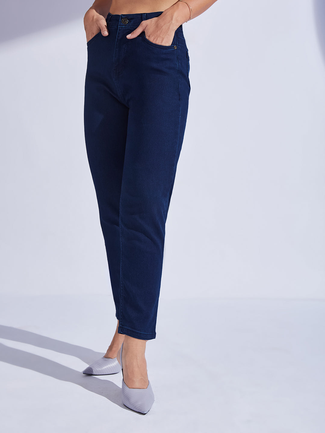 Women's Navy Blue High-Rise Regular-Length Stretchable Denim Mom'S Jeans