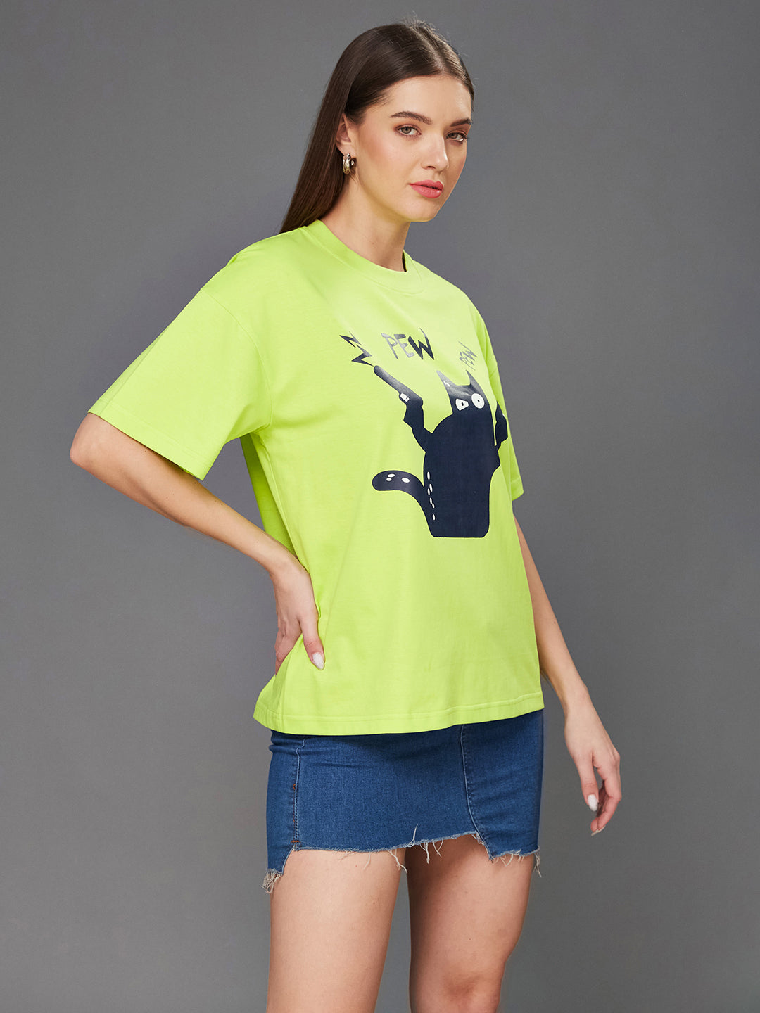 Women's Lime Green Round Neck Half-Sleeve Cartoon-Printed Oversized Cotton T-Shirt