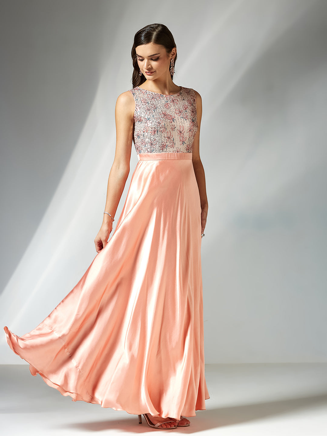 Peach Boat Neck Sleeveless Embellished Fit and Flare Maxi Dress for Women
