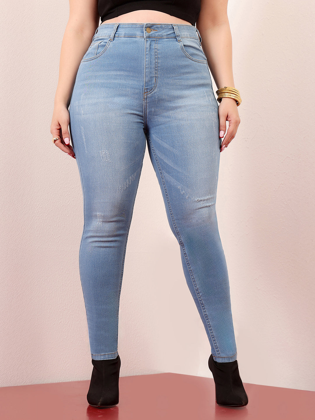 Women's Blue Skinny High-Rise Mild-Distress Stretchable Denim Jeans