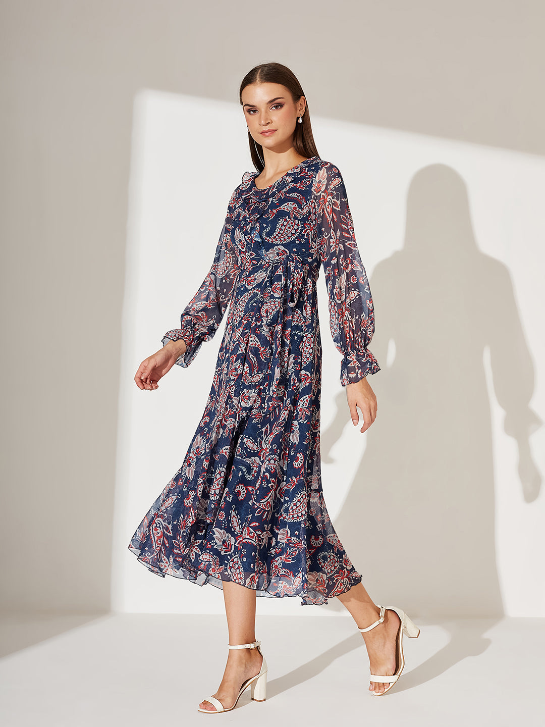 Women's Multicolored-Base-Navy Blue V Neck Full Sleeves Polyester Relaxed Fit Midi Length Dress