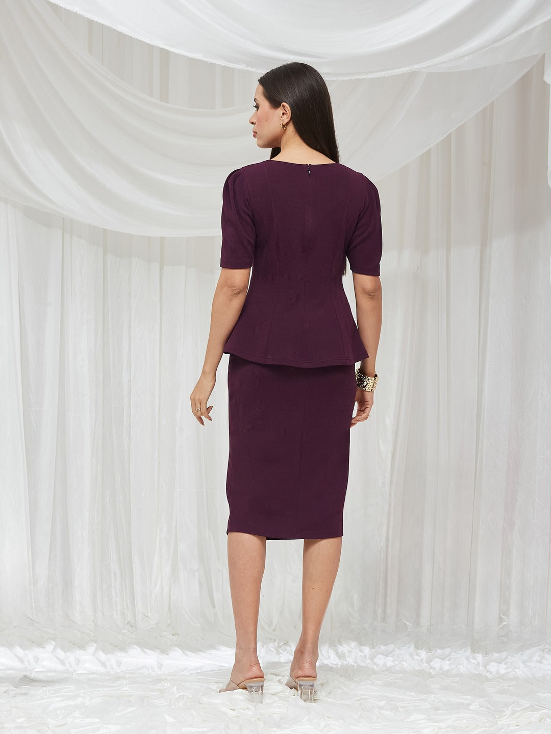 Purple Co-ord Set - Half-Sleeved WorkWear Top with Skirt for Women