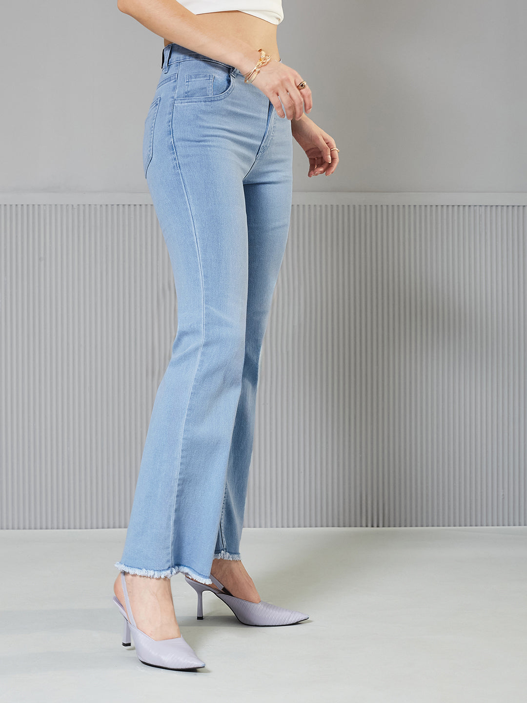 Women's Light Blue Boot Cut High-Rise clean-look Cropped Stretchable Denim Jeans