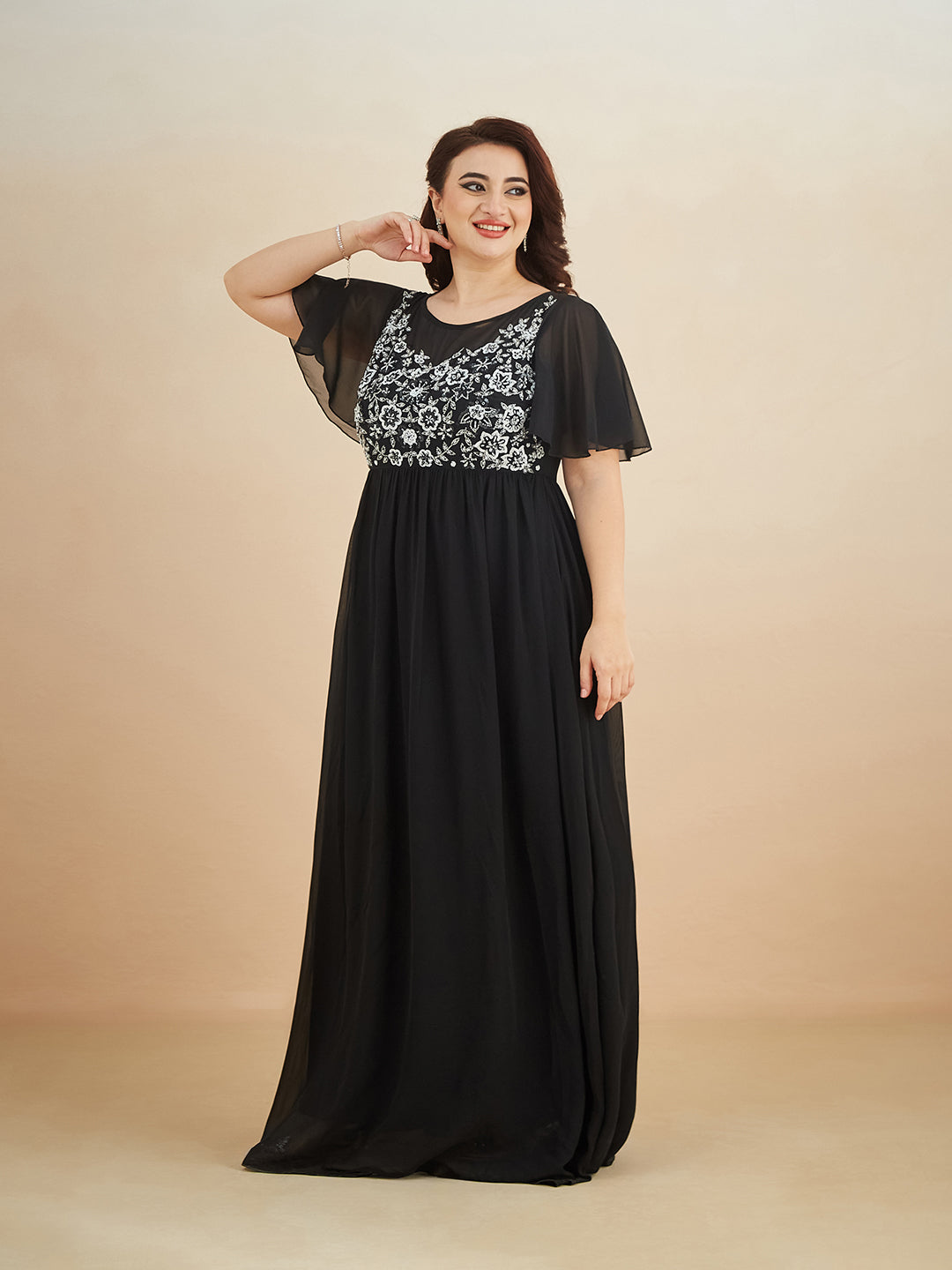 Black Embellished Gathered Maxi Dress for Women