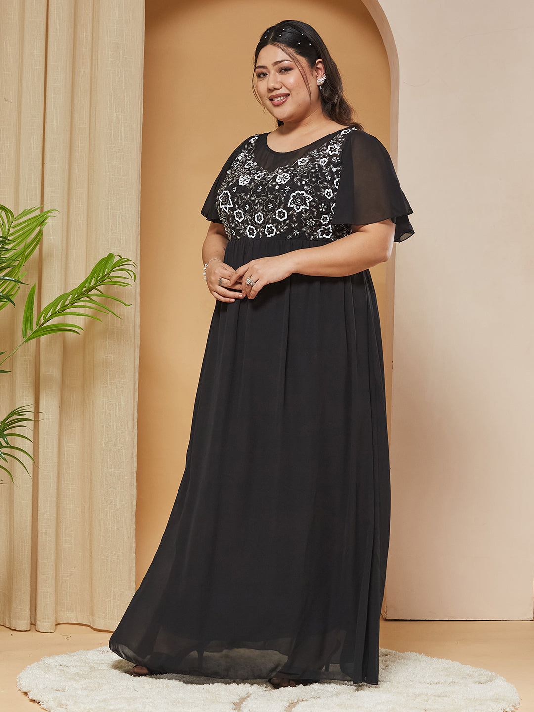 Black Embellished Gathered Maxi Dress for Women