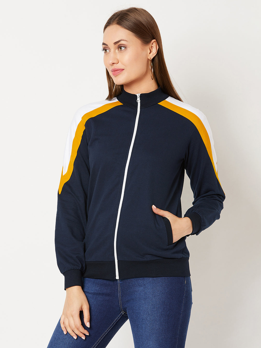 Women's Multicolored-Base-Navy Blue Turtle-neck Full sleeves Solid Color-Block Regular length Jacket