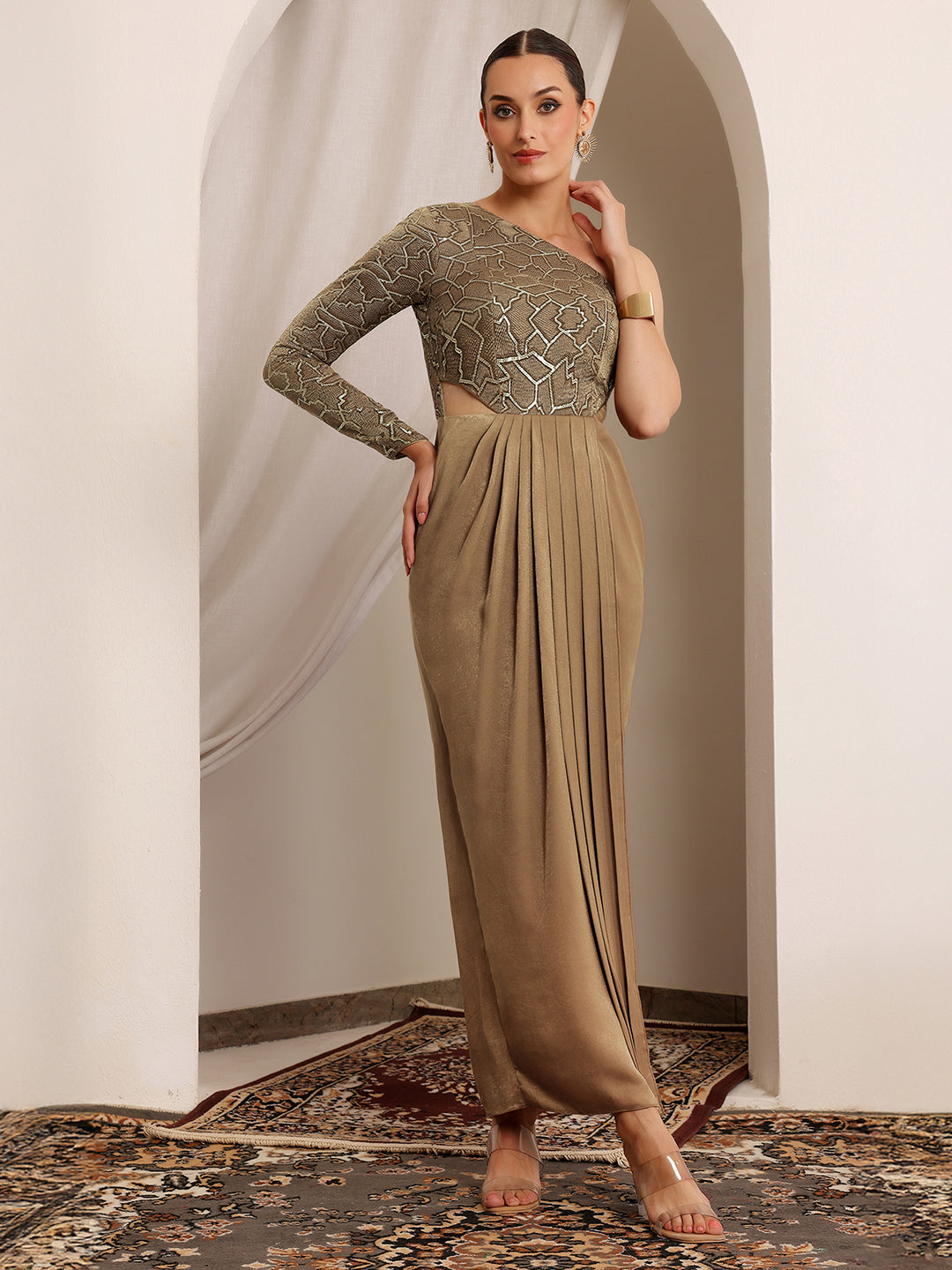 Damayanti Zari One-Shoulder Velvet Maxi Dress