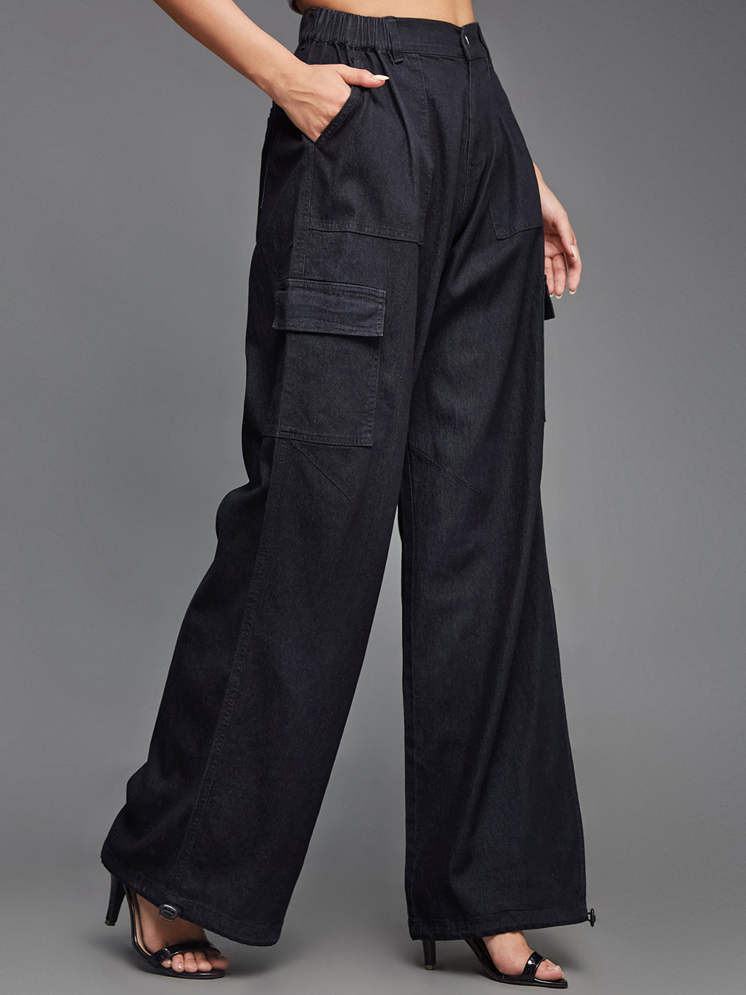 24/7 Comfort Black High-Rise Stretchable Light Weight Cotton Blend Denim Parachute Pants