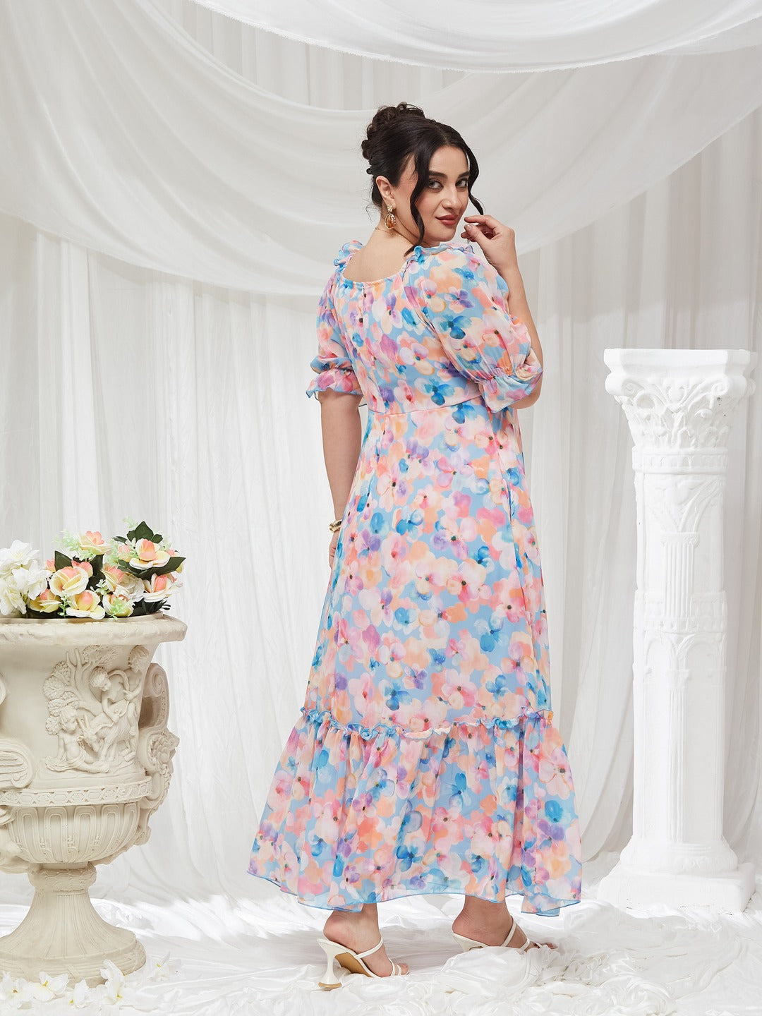 Sky Blue V-Neck Puff Sleeve Floral Ruching Ankle-Length Dress for Women — Miss Chase A+