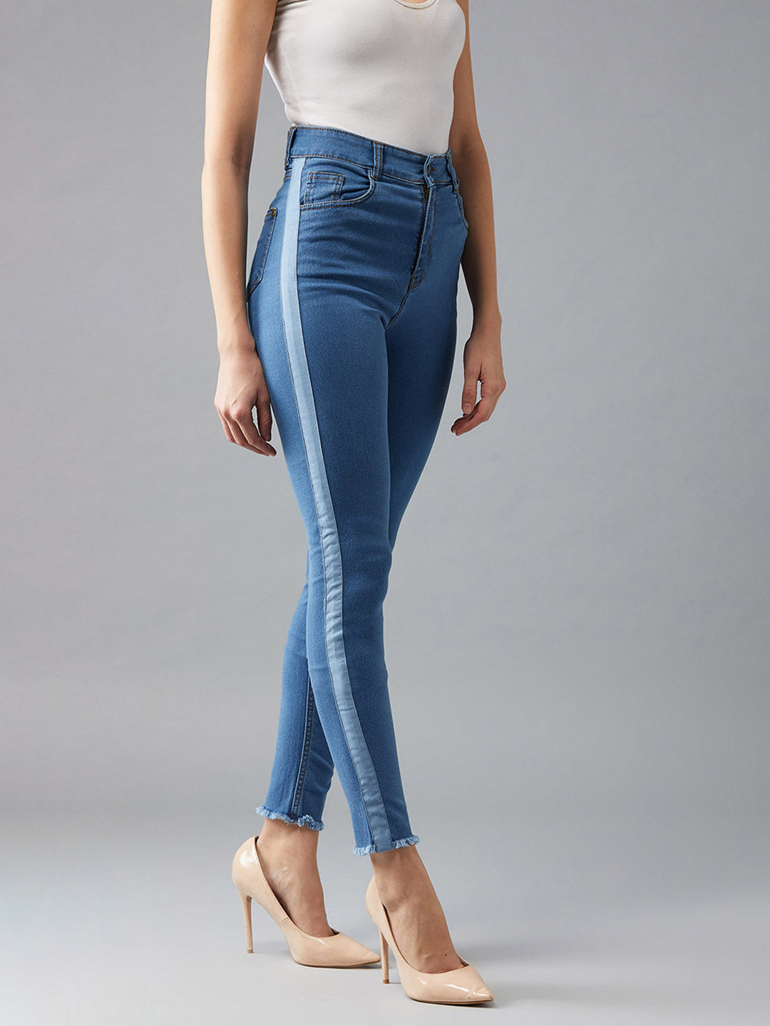 Women's Blue Skinny High-Rise Clean-Look Fringe And Silky Denim Tape Detailing Cropped Denim Jeans