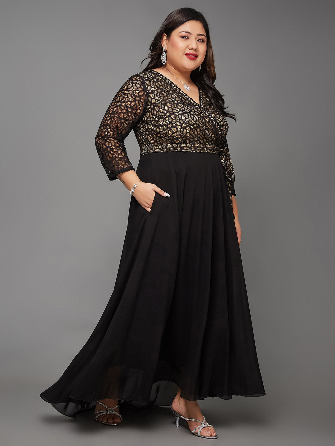 Black Long Sleeves Fit and Flare Wrap Maxi Dress with Lace Belt for Women | Bridesmaids' Favourites