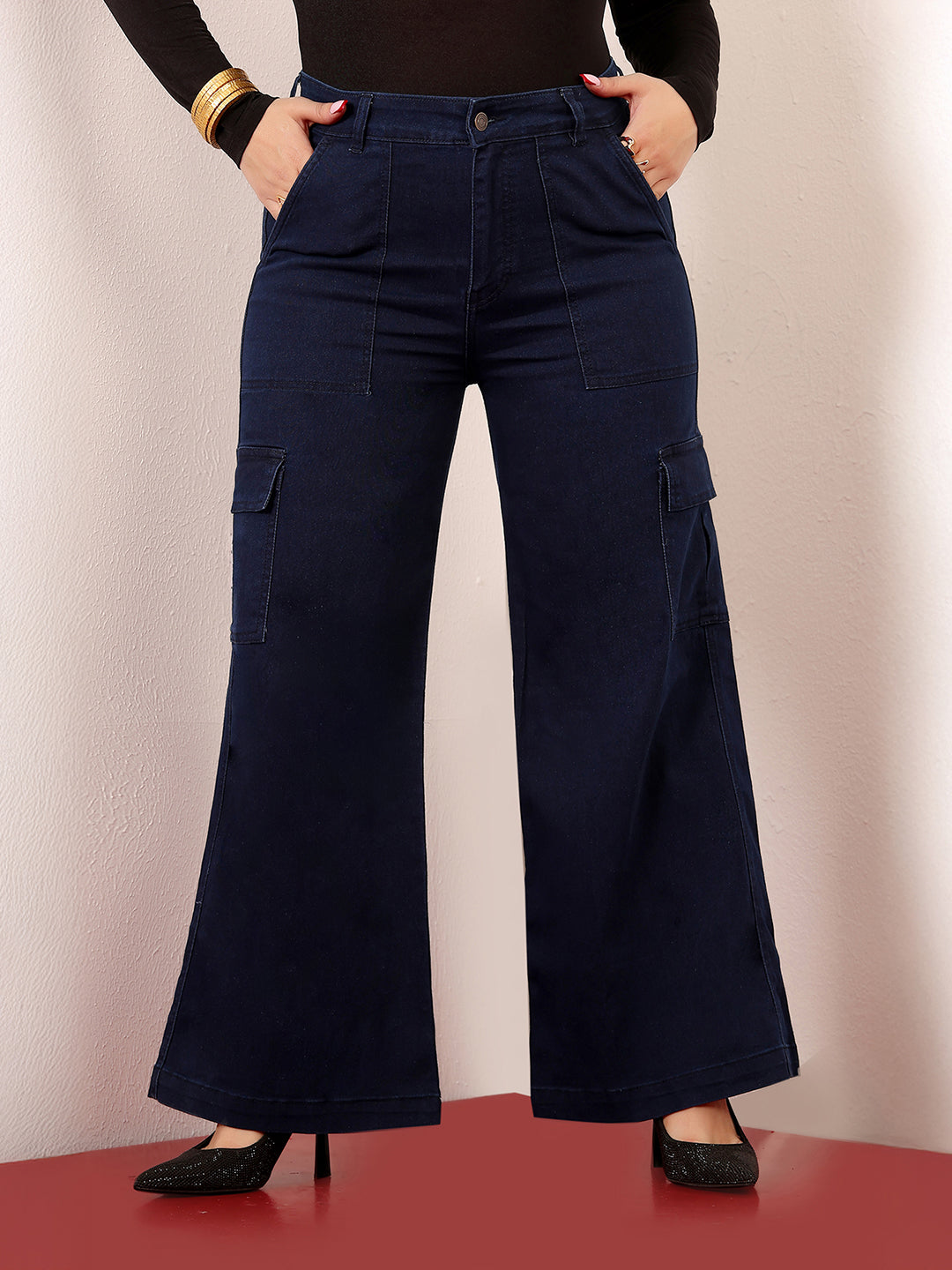 Women's Navy Blue Wide-Leg High-Rise Clean-Look Stretchable Cargo Denim Jeans