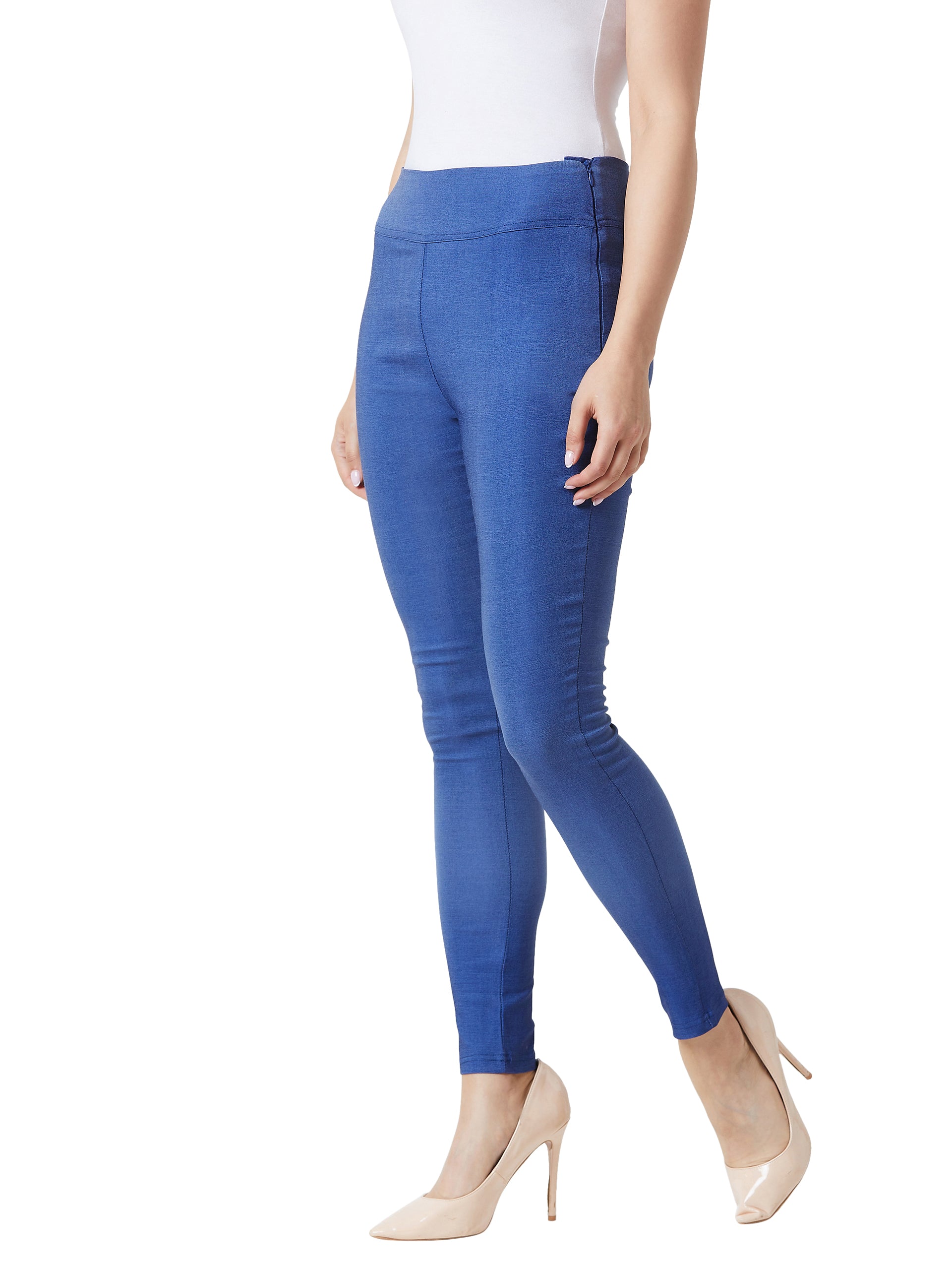 Women's Blue Slim Fit solid Regular length Cotton Jeggings