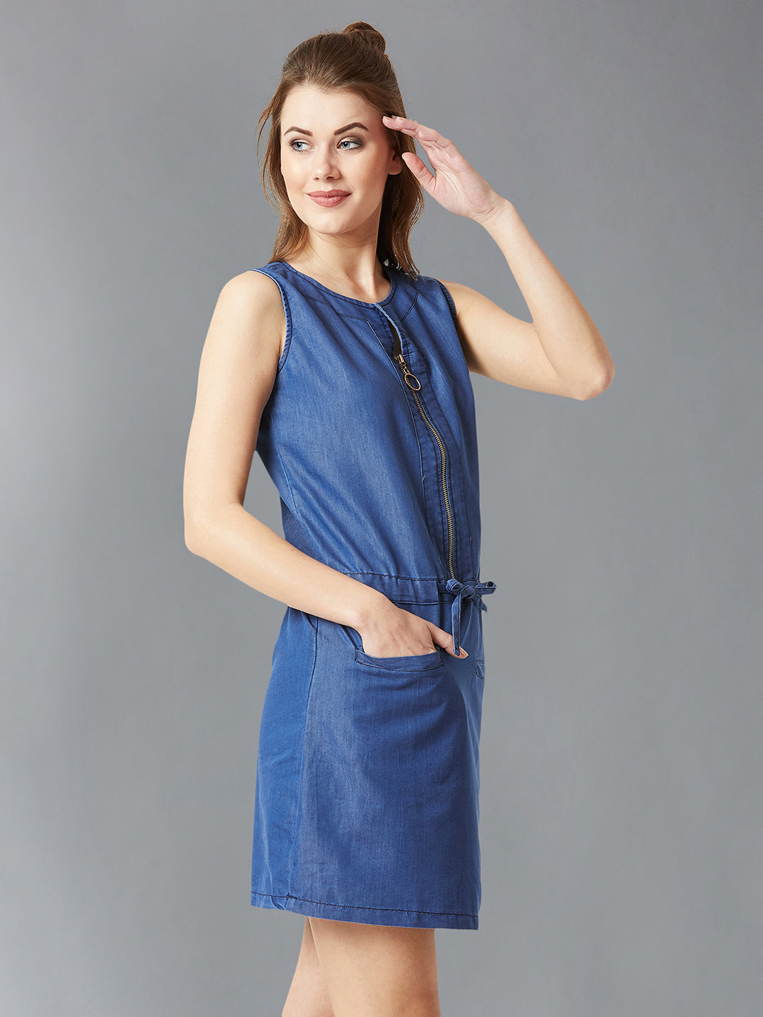 Women's Blue Polo Neck Sleeveless Denim Solid Midi Shift Dress