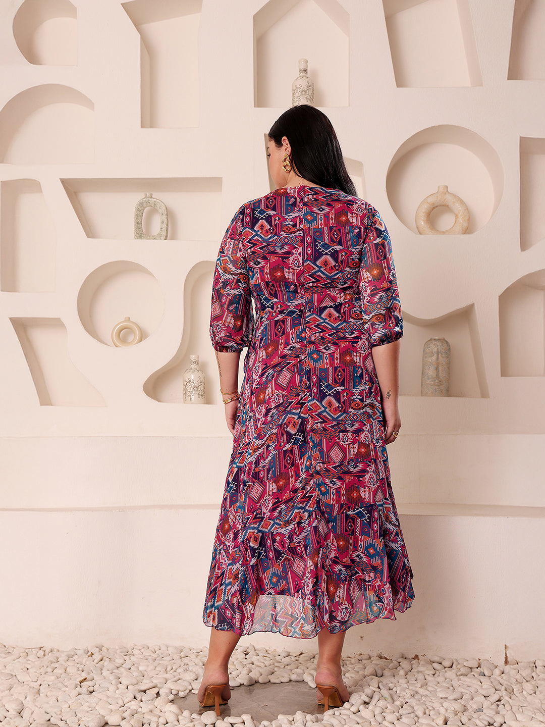 Multicolored V-Neck Three-Quarter Sleeve Geometric Patterned Wrap Midi Chiffon Dress for Women