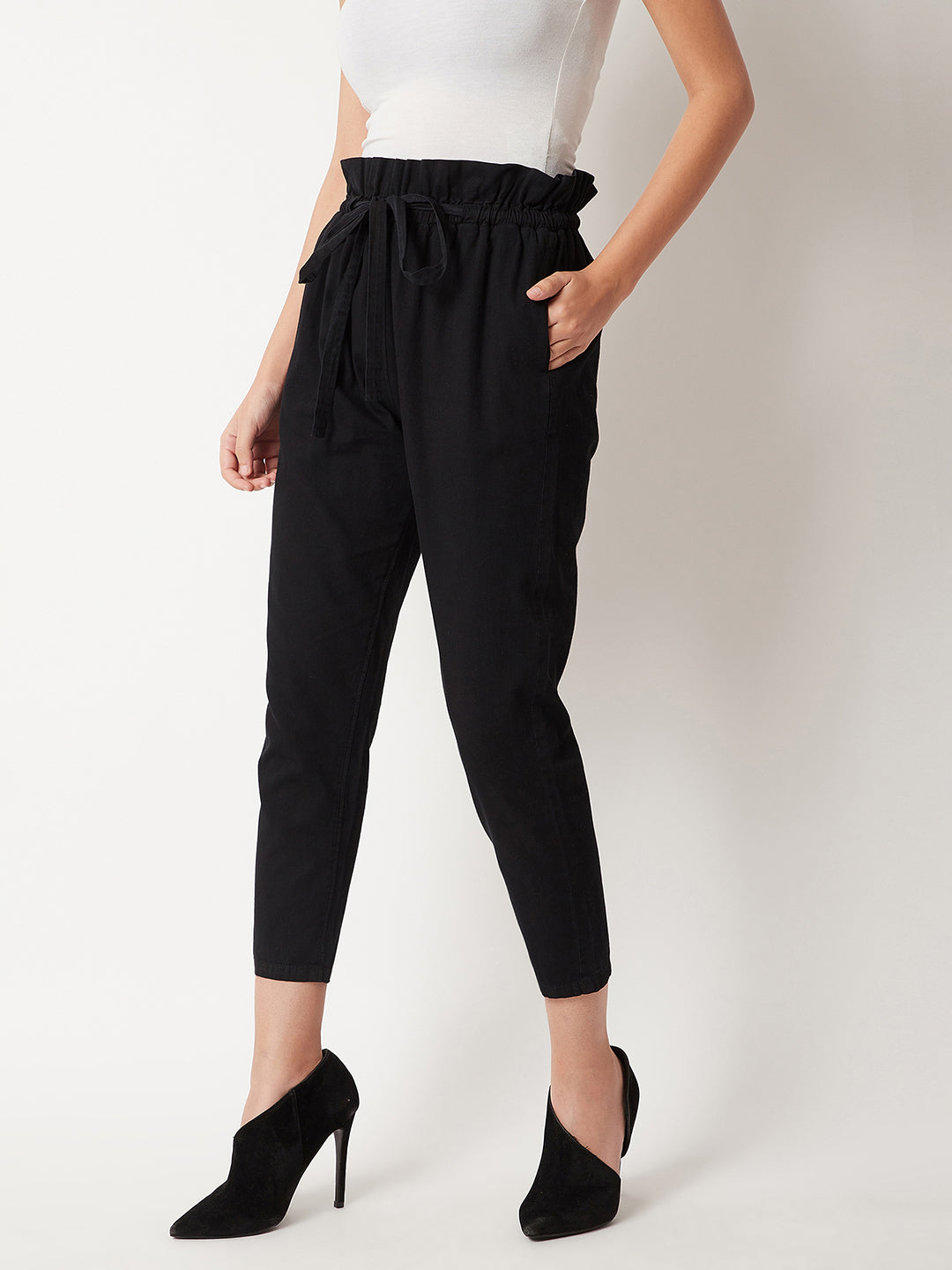 Women's Black Pleated Front High-Rise Clean-Look Ankle length Stretchable Denim Paper Bag Pants