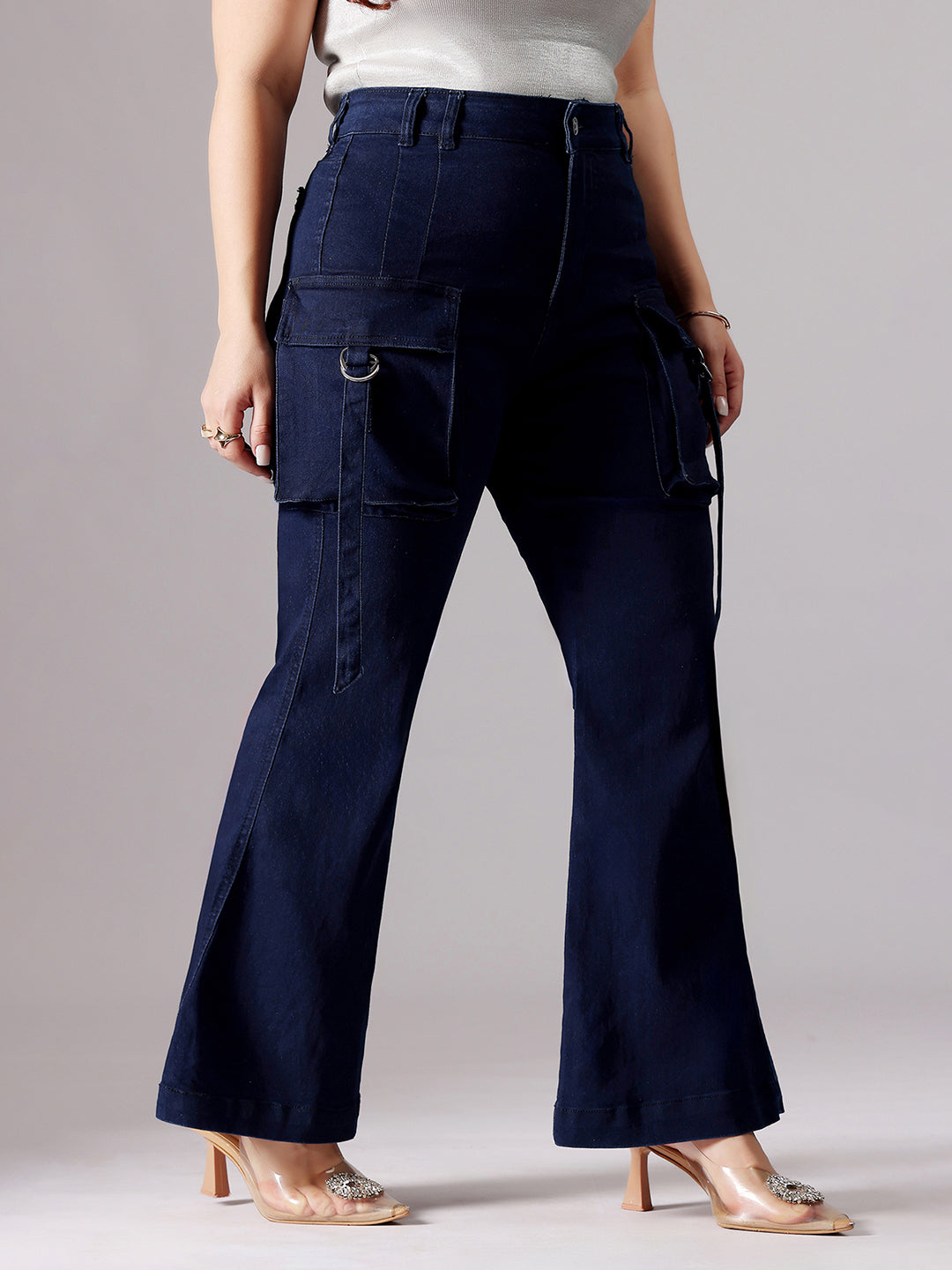 Women's Navy Blue Bootcut High-Rise Clean-Look Stretchable Denim Jeans