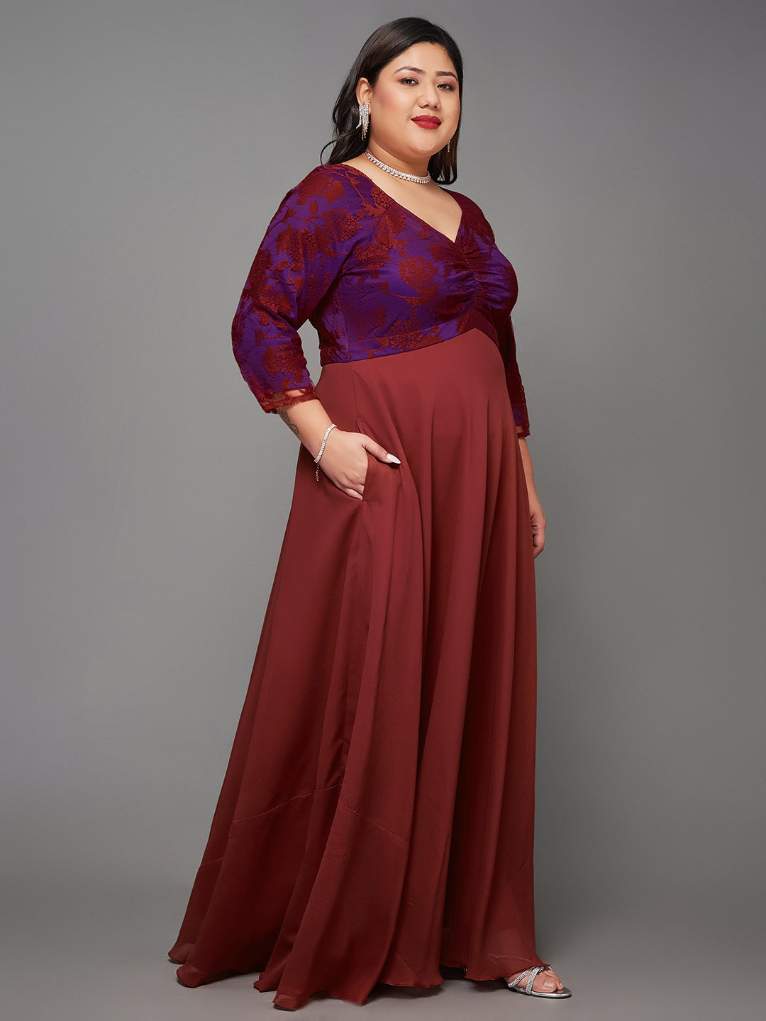 Brick Red Long Sleeves Lace Empire Maxi Dress Long Dress Gown Frock for Women | Birthday Dresses