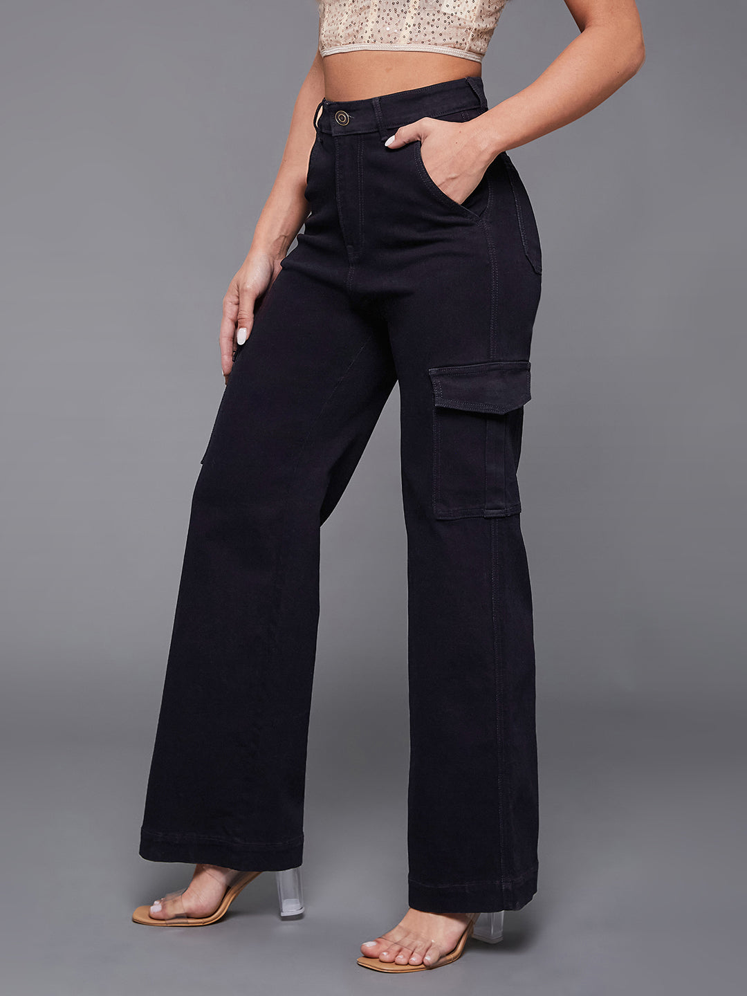 24/7 Comfort Black Wide-Leg High-Rise Stretchable Denim Jeans
