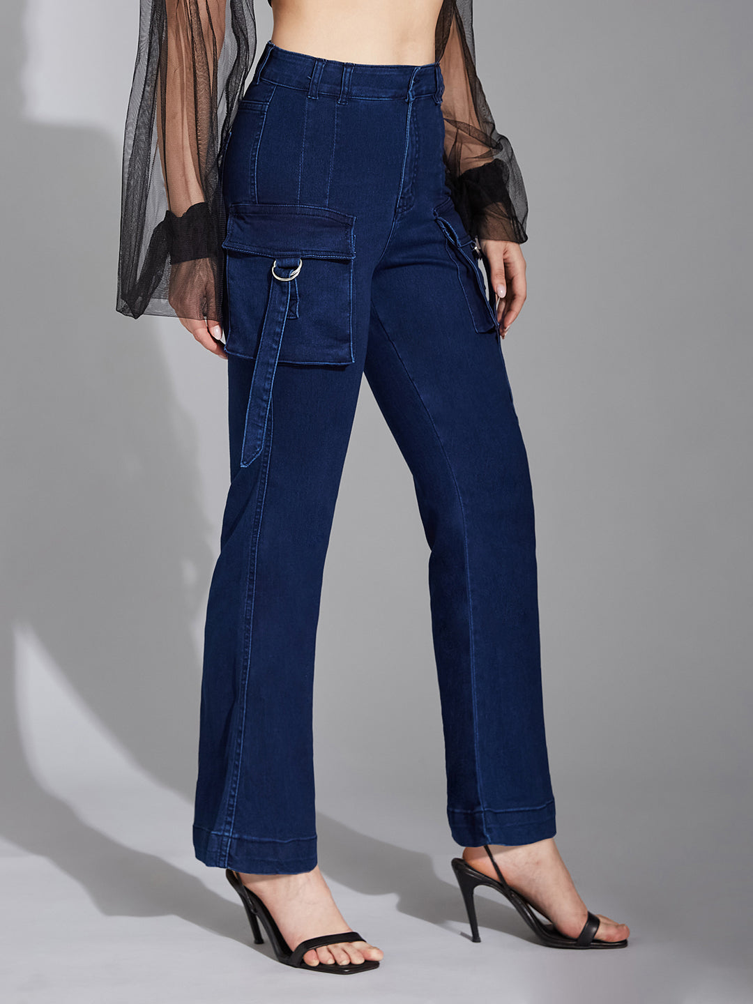24/7 Comfort Navy-Blue Patch Pockets Bell-Bottom Bootcut High-Rise Stretchable Denim Jeans