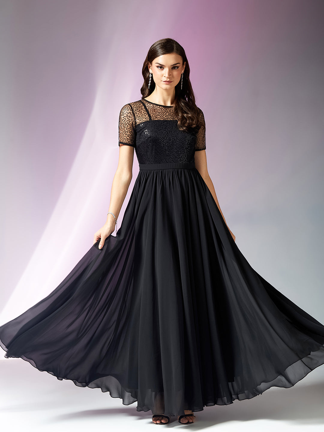 Mauve Relaxed Fit Maxi Georgette & Sequins Dress for Women