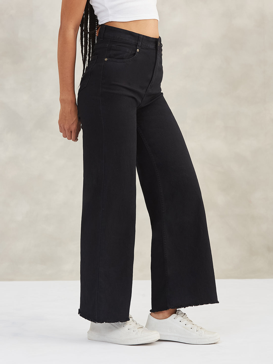 Women's Black High-Rise Stretchable Wide-Leg Denim Jeans