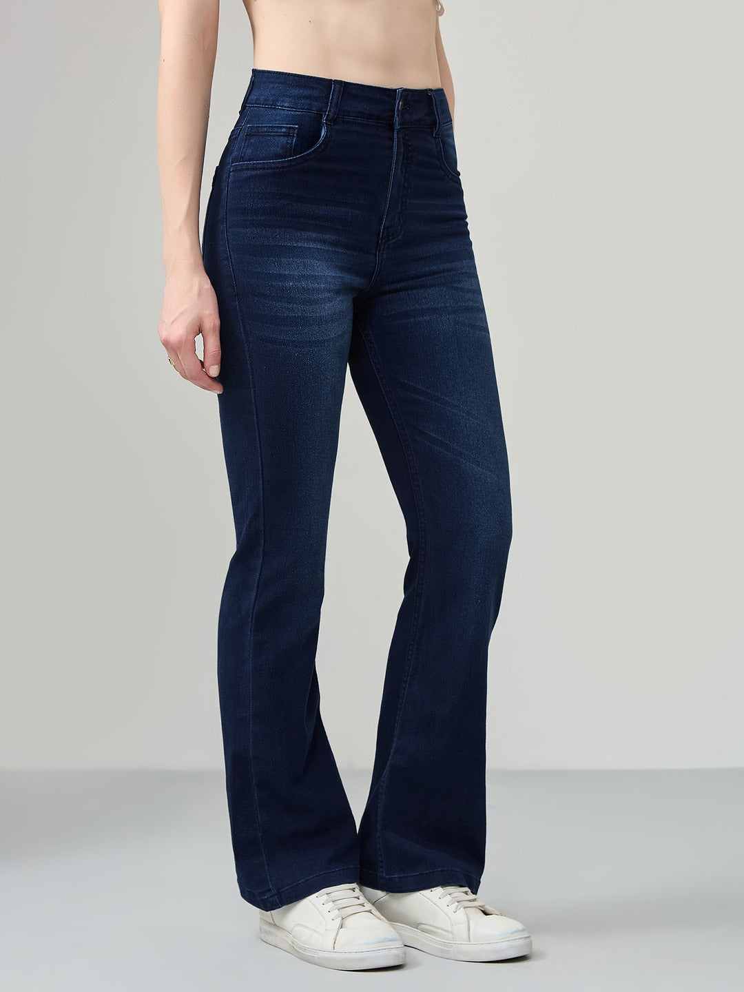 Navy blue Wide leg Mid rise Regular Stretchable Denim Jeans for Women
