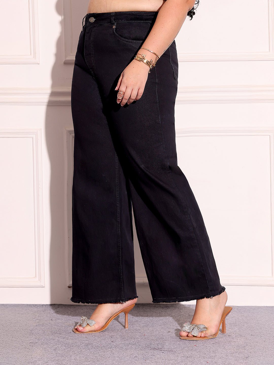 Women's Black High-Rise Stretchable Wide-Leg Denim Jeans