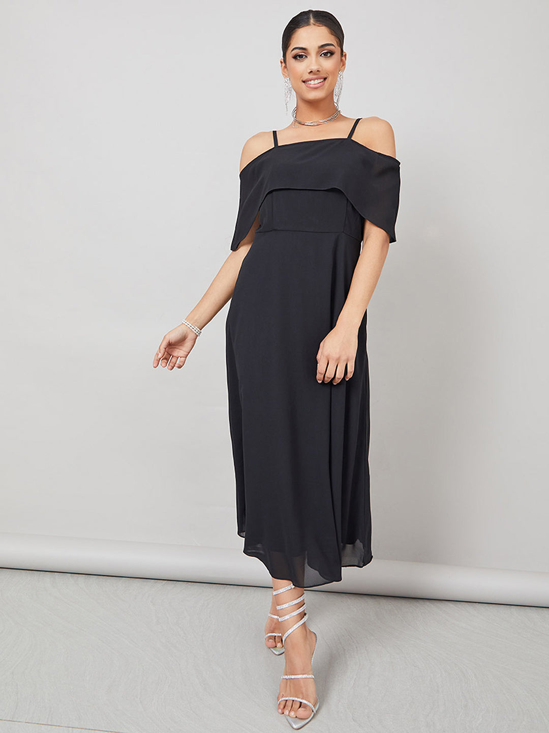 Women's Black Bardot Style Sleeveless Spaghetti Strap Solid Off Shoulder Midi Skater Dress
