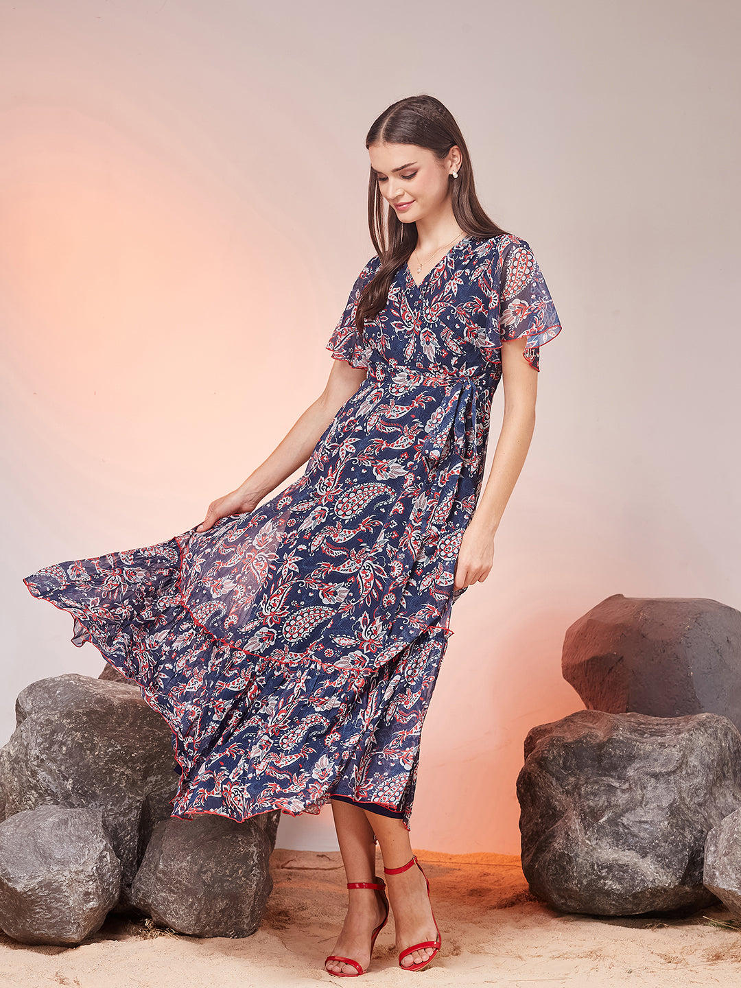 Navy Blue Floral Printed Flutter Sleeves Maxi Dress for Women