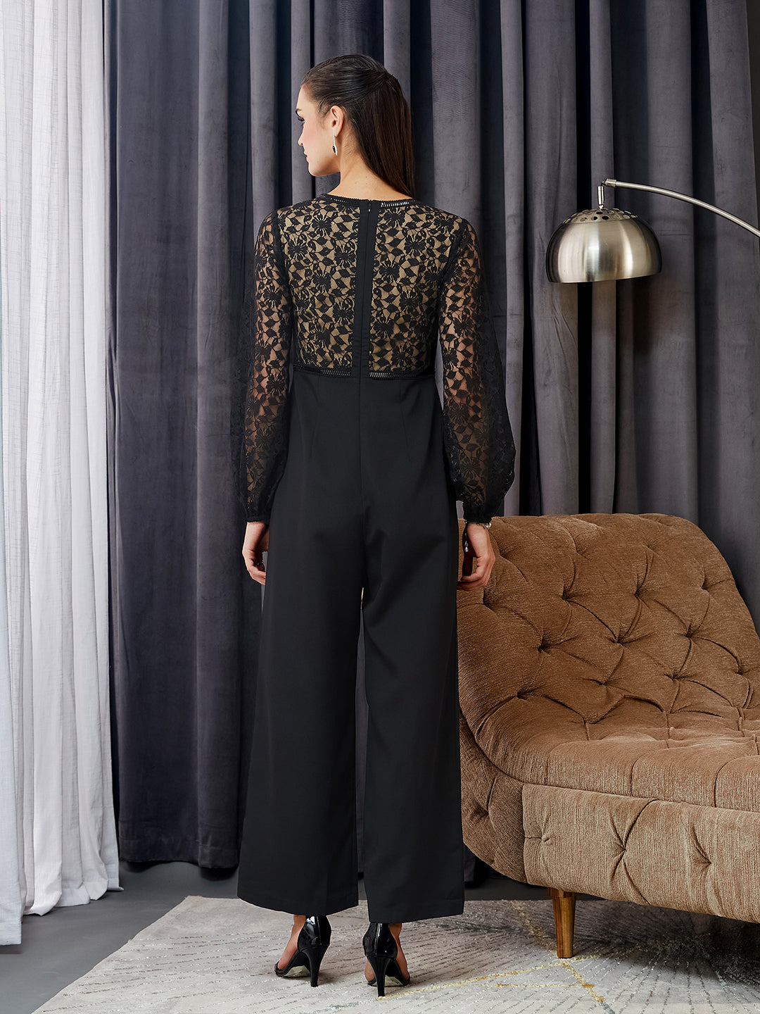 Black Self-Design Crepe V-Neck Jumpsuit with Balloon Sleeves and Lace Detailing for Women