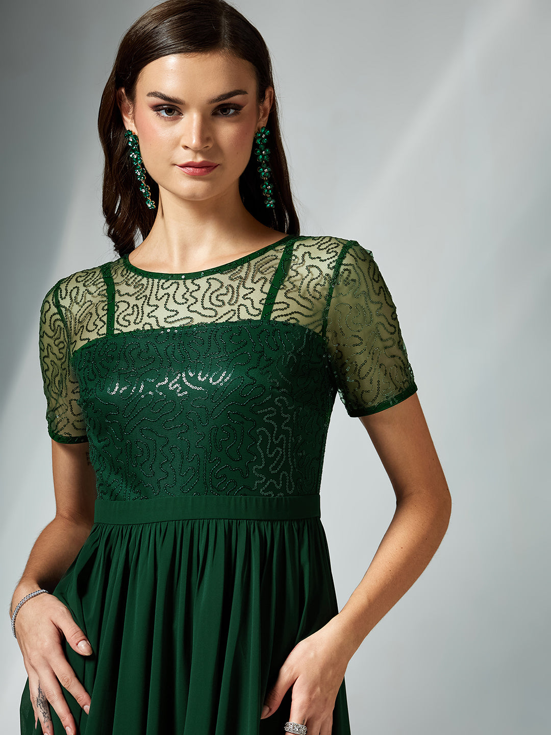 Dark Green Relaxed Fit Maxi Georgette & Sequins Dress for Women