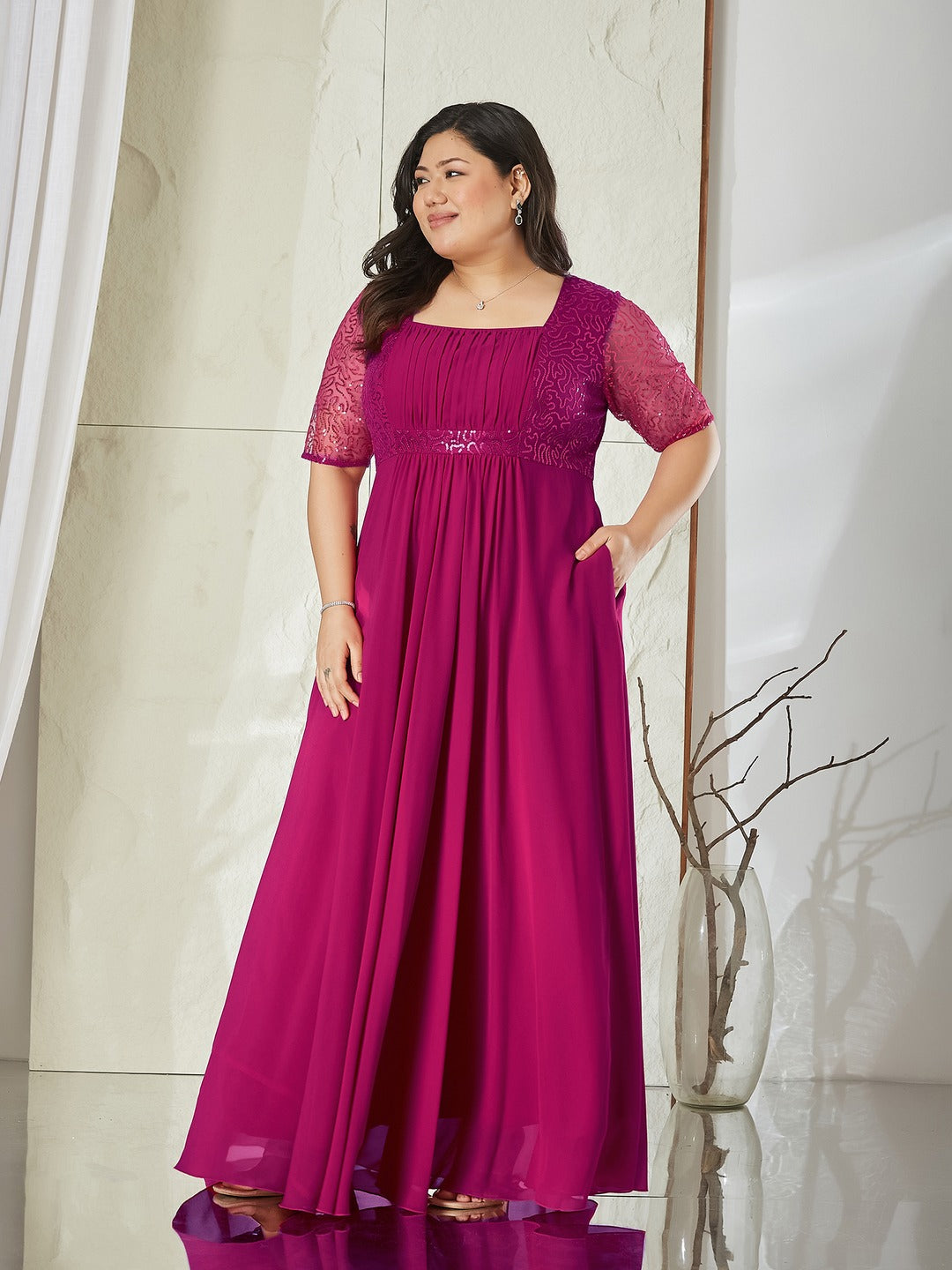 Dusty Pink Square Neck Half Sleeve Solid Embellished Maxi Dress for Women