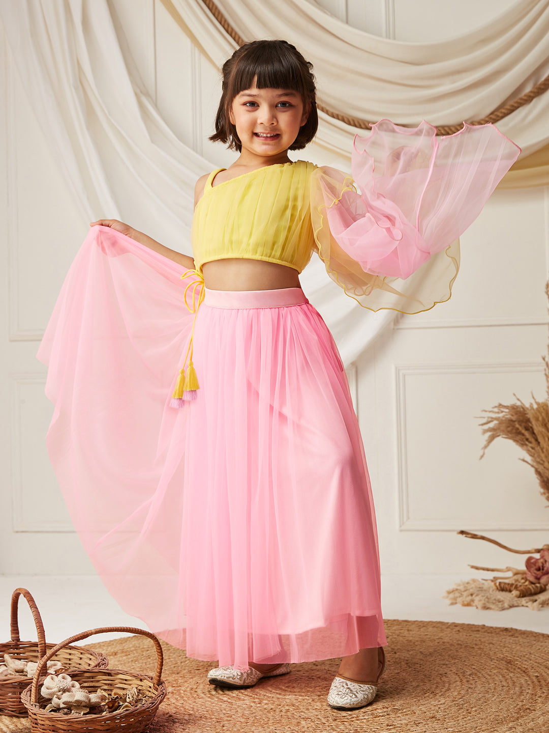 Yellow & Pink One Shoulder Ruffled Solid Tie-Up Midi Dress